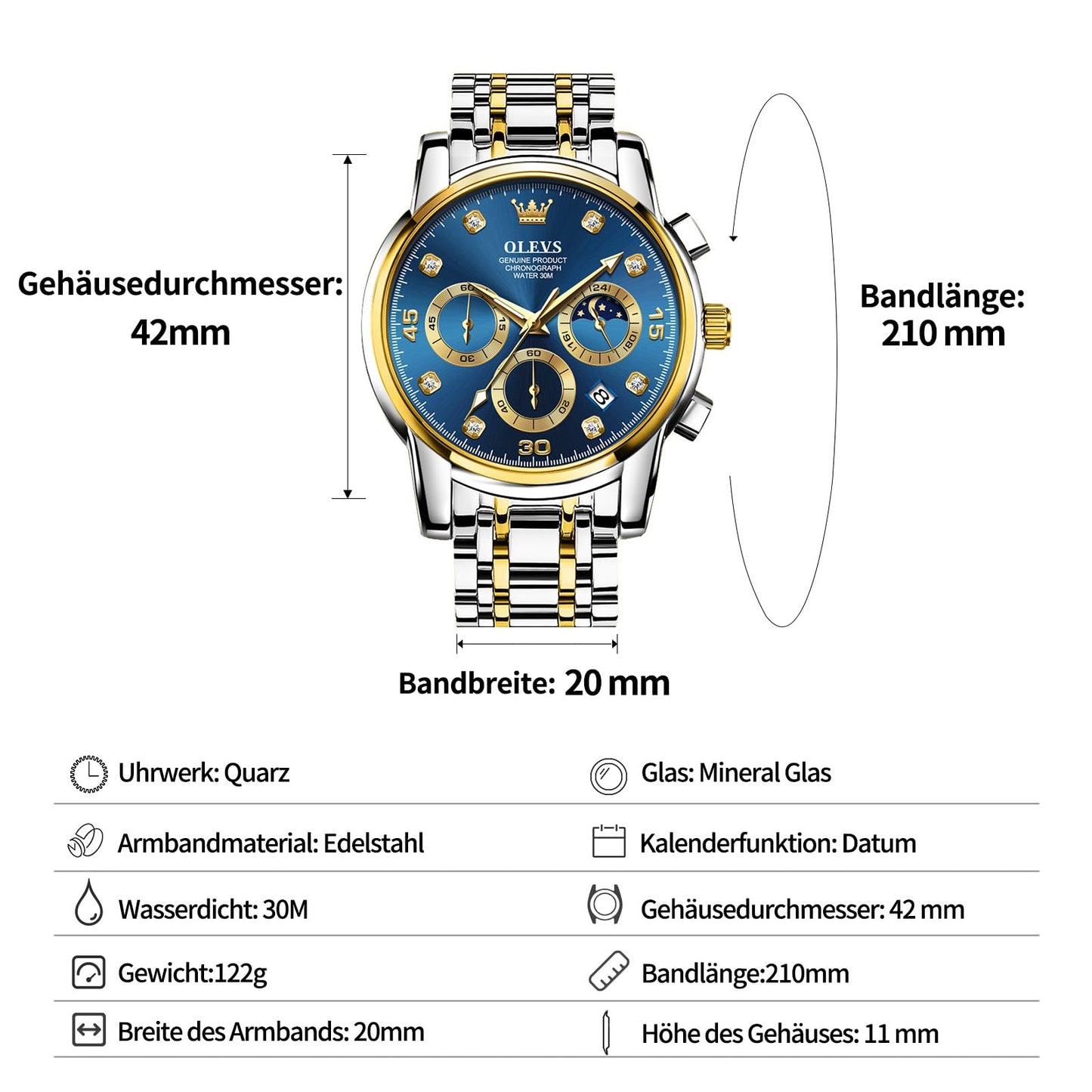 OLEVS Uhren Herren, Edelstahl Analoger Quarzuhr, Multifunktionale Diamanten Herrenuhren, Klassisches Luxuskleid Herrenuhr