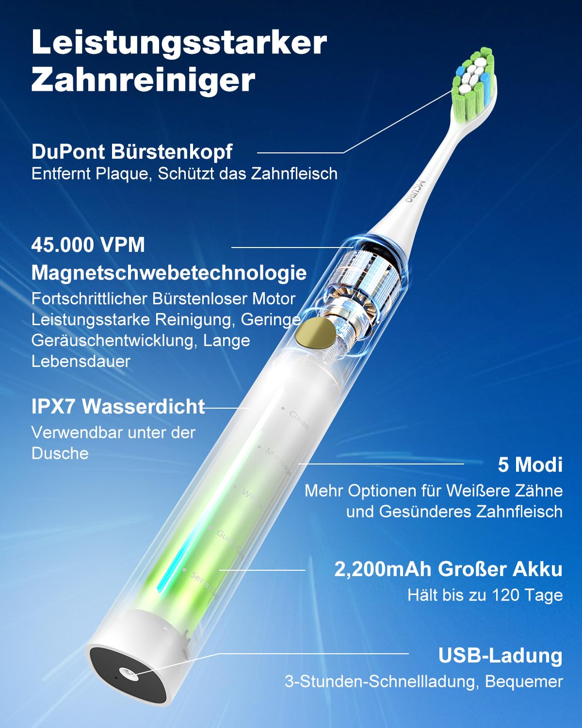 Elektrische Zahnbürste, Schallzahnbürste, Zahnbürste Elektrisch 45000VPM, Aufhellung Der Zähne In 1 Woche, 120 Tage Akkulaufzeit, Batteriestandsanzeige, 6 DuPont-Bürstenköpfe, 5 Modi, Timer, Schwarz