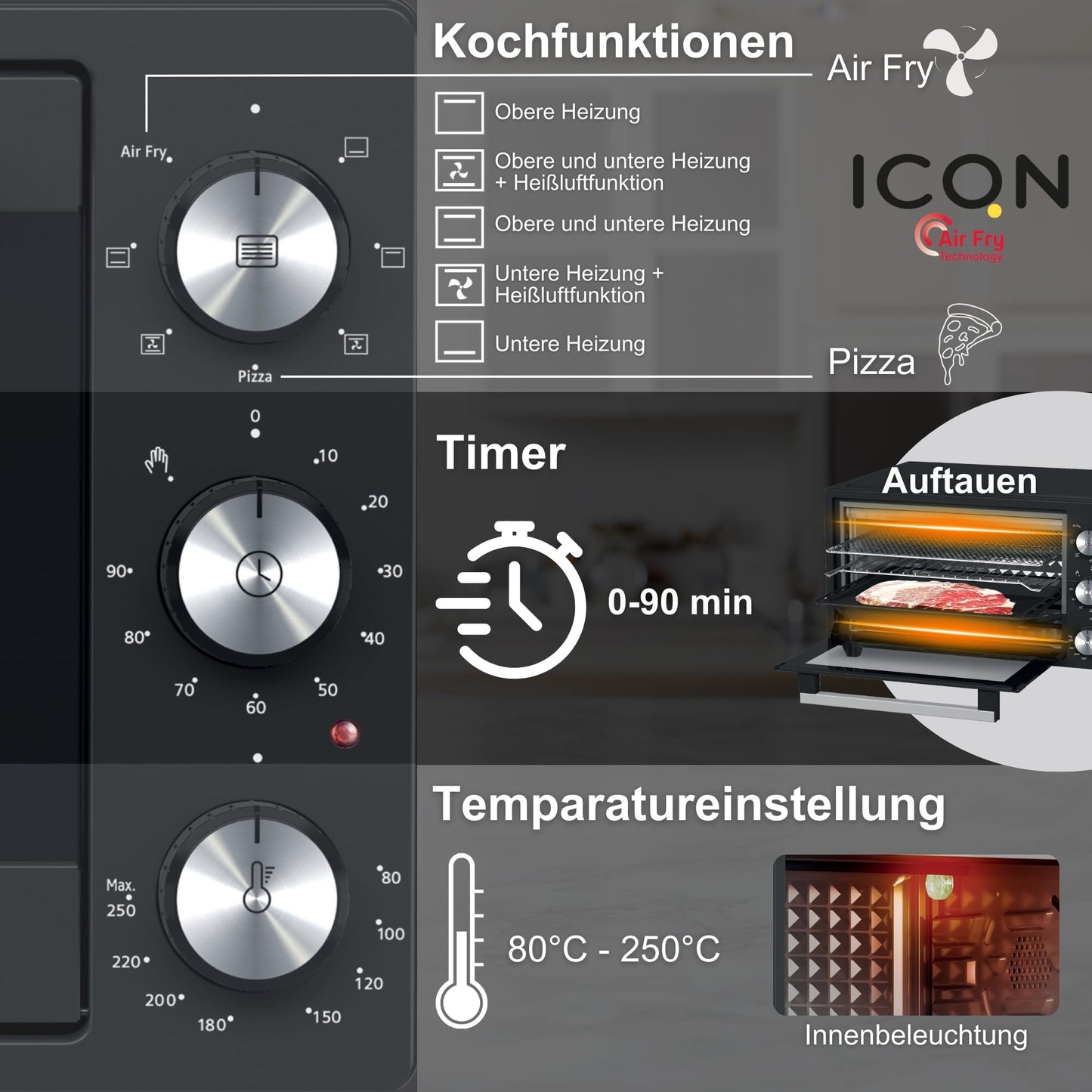 ICQN Kompakter Minibackofen 15 Liter, 1200W, 60 min-Timer, 3 Kochfuntionen, 90°-230°C, Kleiner Camping Ofen, Anthrazit, 2-Jahre Garantie