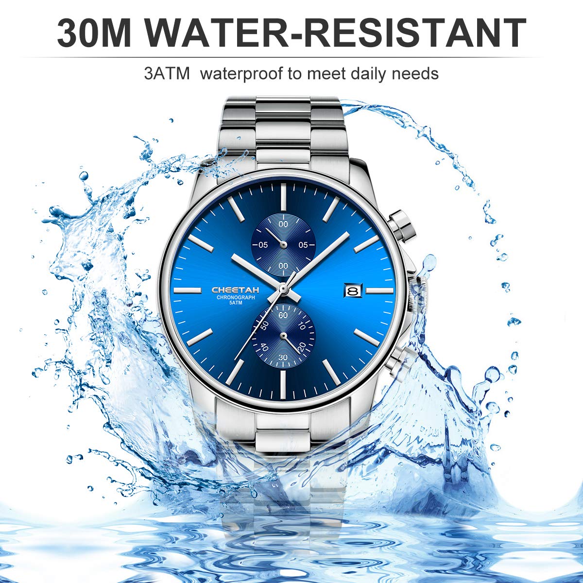 Herrenuhren mit lässiger wasserdichter Chronographen Quarzuhr aus Edelstahl und Metall, Auto Date in farbenfrohen Zeigern