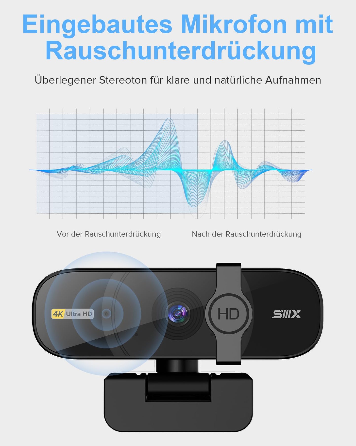 SIIIX USB Webcam, 4K Full HD Webcam für PC, Videoanrufe, Computerkamera mit klarem Stereo-Audio, automatische Lichtkorrektur, Plug&Play, funktioniert mit Skype, Zoom, FaceTime, Hangouts und mehr