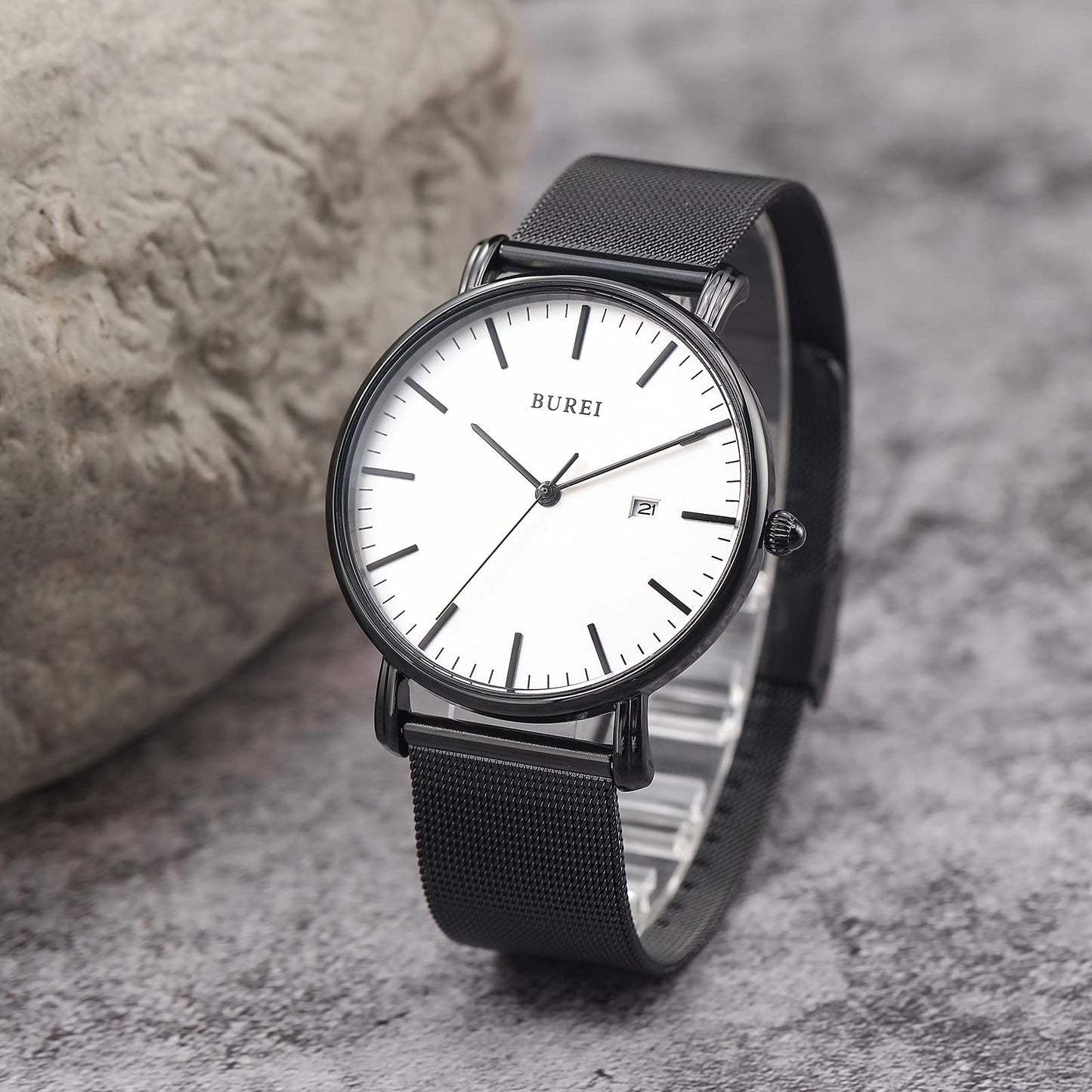 BUREI Ultra Dünne Uhren Herren Schwarze Analoges Datum Armbanduhr Herren mit Japanisches Quarzwerk, Geschenke für Männer