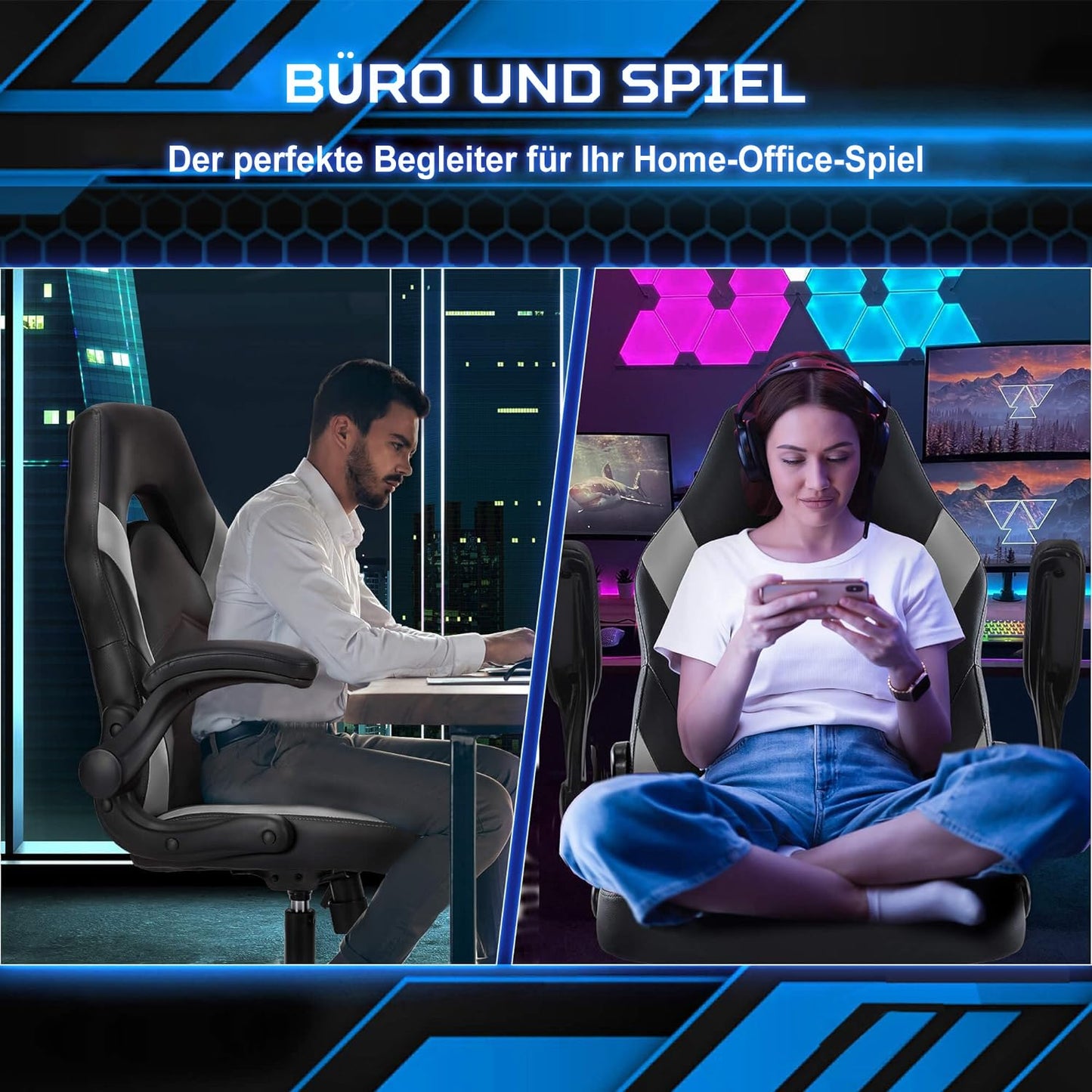 DUMOS Gaming Chair - Ergonomic Gaming Chair, Adjustable Swivel Gaming Chair Made of PU Leather with Folding Armrests, Suitable for Home, Offices etc. (Black-Gray)