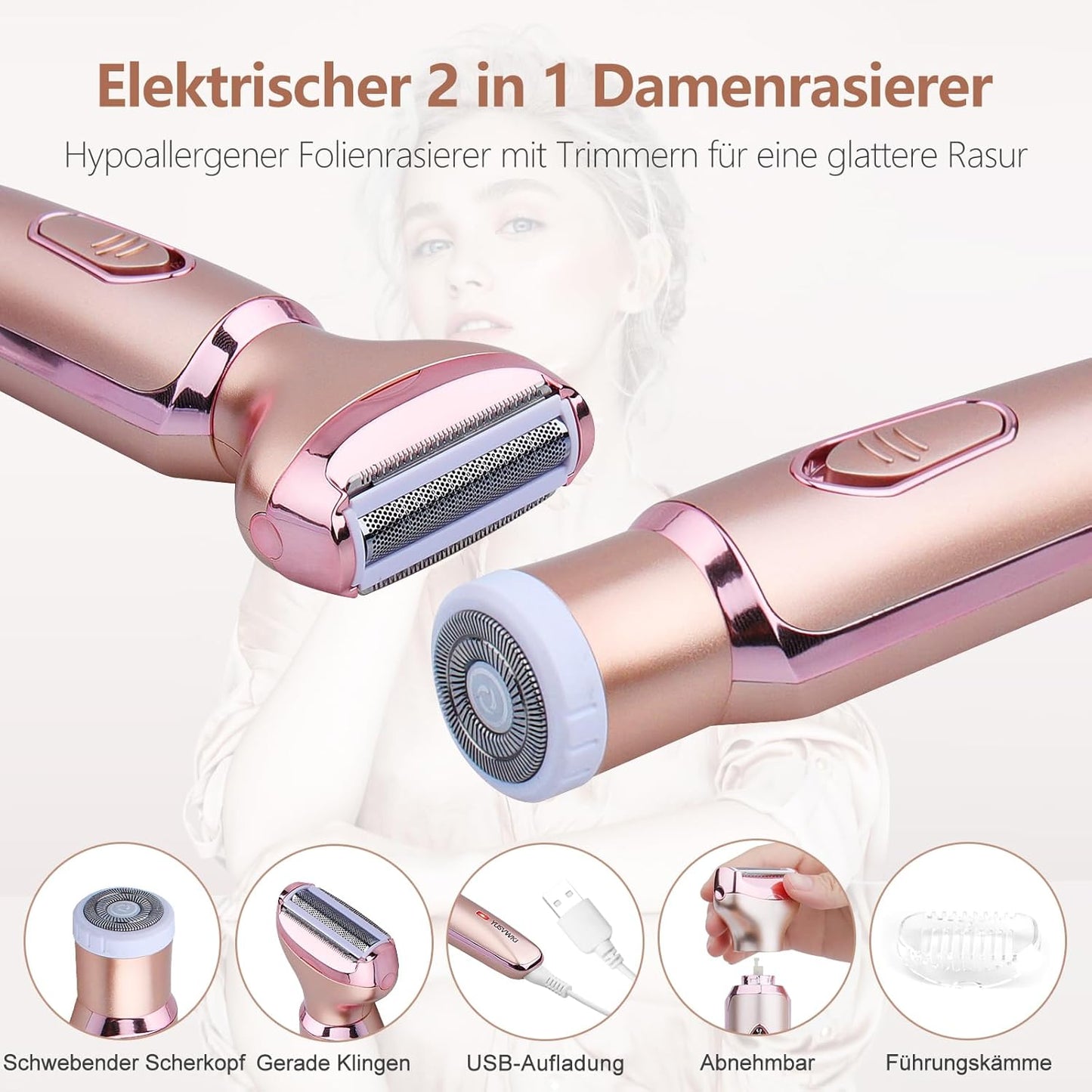 Elektrischer Rasierer Damen 2 in 1 Nass- und Trockenrasierer für Gesicht Armen Beine Achselhöhlen Intimbereich und Bikinizone tragbar wasserdicht und schmerzlos Elektrorasierer mit USB-Aufladung