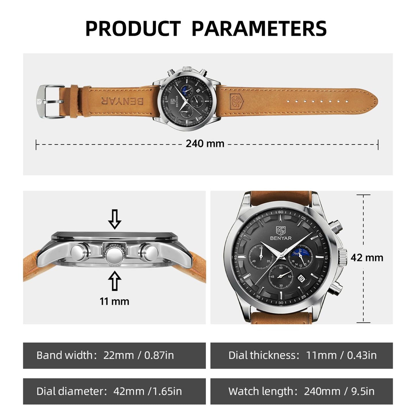 BY BENYAR Uhren Herren Chronograph Analog Quarz Wasserdicht Armbanduhr Herren Mode Lässig Business Herrenuhr mit Kalender Lederarmband/Edelstahlarmband Uhr Geschenk für Männer