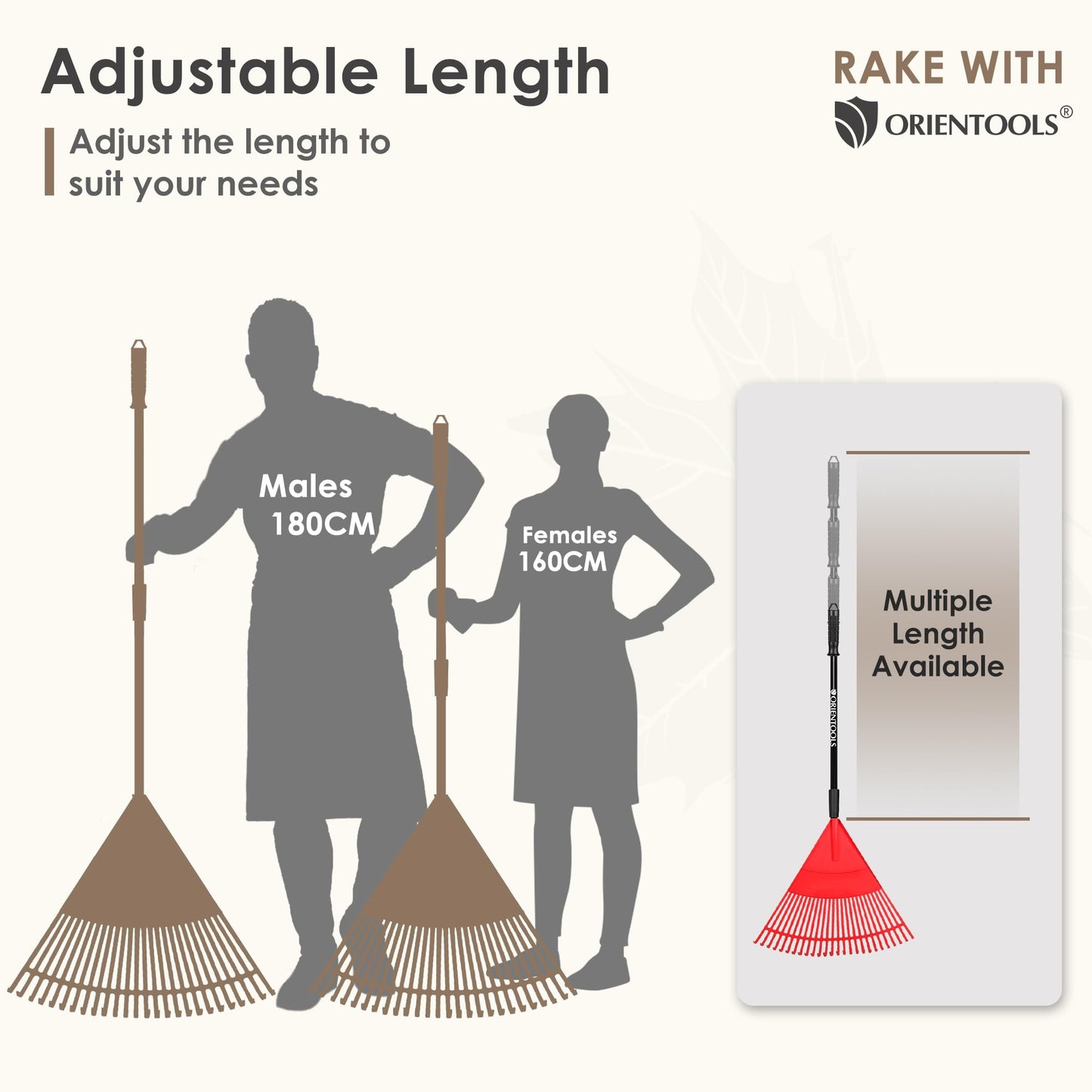 ORIENTOOLS Garten Laubrechen, Garten Rechen für Rasen Laub mit verstellbarem Griff 107 bis 156 cm Rechen, 22 Starke Zinken Kunststoff Kopf Strauch Rechen, Landschaftsbesen für Rasen und Blätter