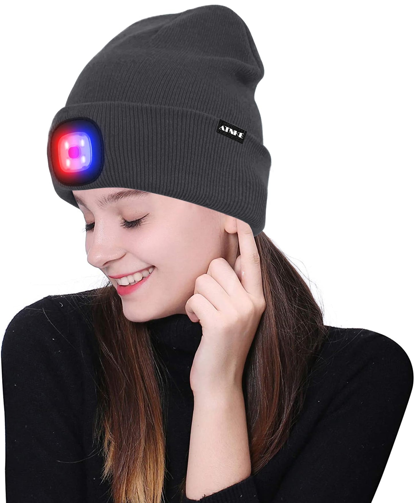 ATNKE LED Beleuchtete Mütze,Wiederaufladbare USB 4 LED Rot und Blau Leuchten Blinkender Laufmütze mit Licht Extrem Heller Lampe Winter Warme für Herren und Damen Geschenke