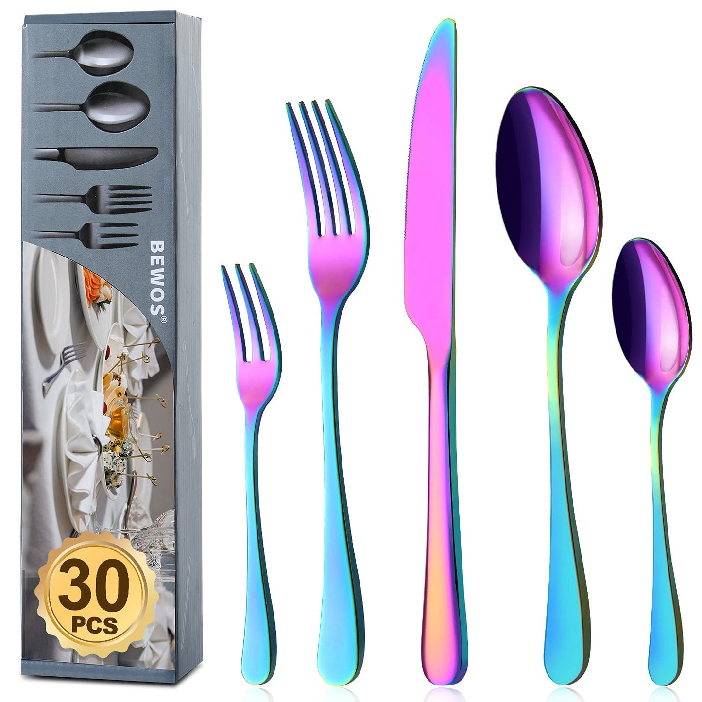 BEWOS Besteck Set für 6 Personen, 30 teilig Essbesteck Set inkl. Messer, Gabel, Löffel, Besteck Edelstahl Spiegelpoliert, Spülmaschinenfest