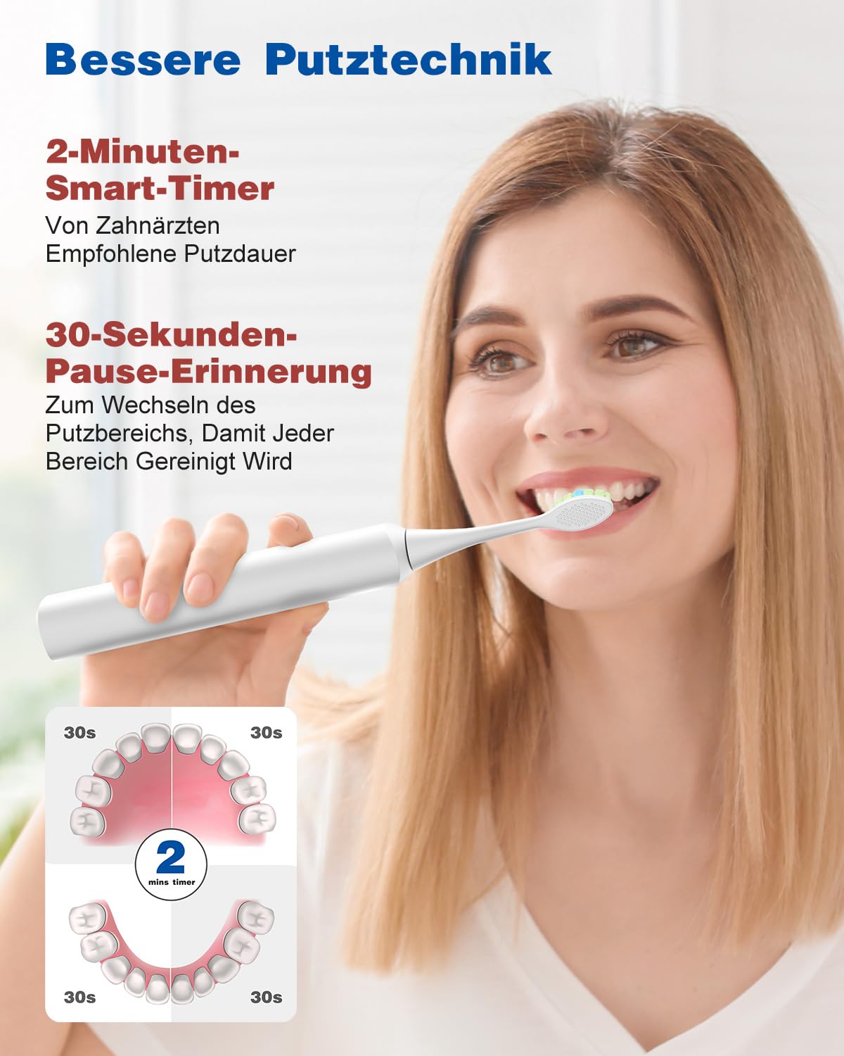 Elektrische Zahnbürste, Schallzahnbürste, Zahnbürste Elektrisch 45000VPM, Aufhellung Der Zähne In 1 Woche, 120 Tage Akkulaufzeit, Batteriestandsanzeige, 6 DuPont-Bürstenköpfe, 5 Modi, Timer, Schwarz