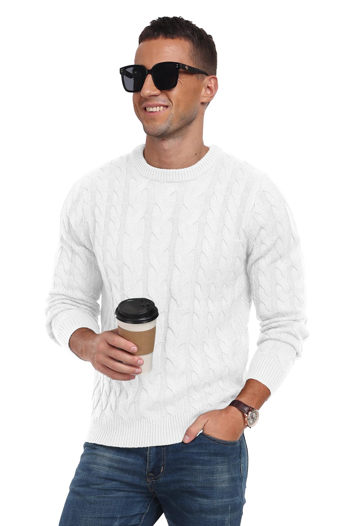 QIXING Men’s Cable Knit Sweater – Chunky Crewneck Pullover