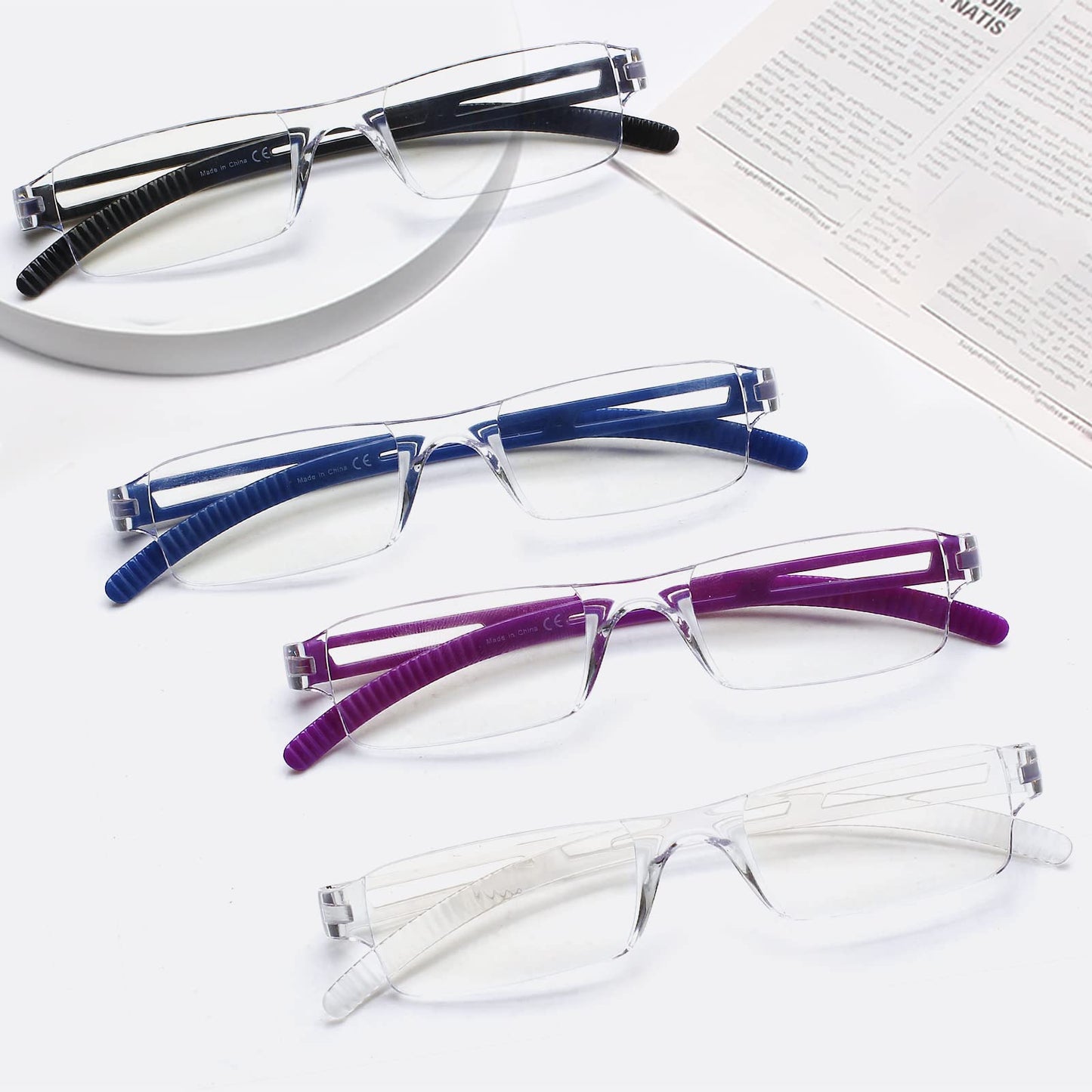 COJWIS Pack of 4 Frameless Reading Glasses for Men and Women, Lightweight and Comfortable, Anti Blue Light Reading Aid / TR90 Glasses (4 Colour Mixing, 2.00, Multiplier_x)