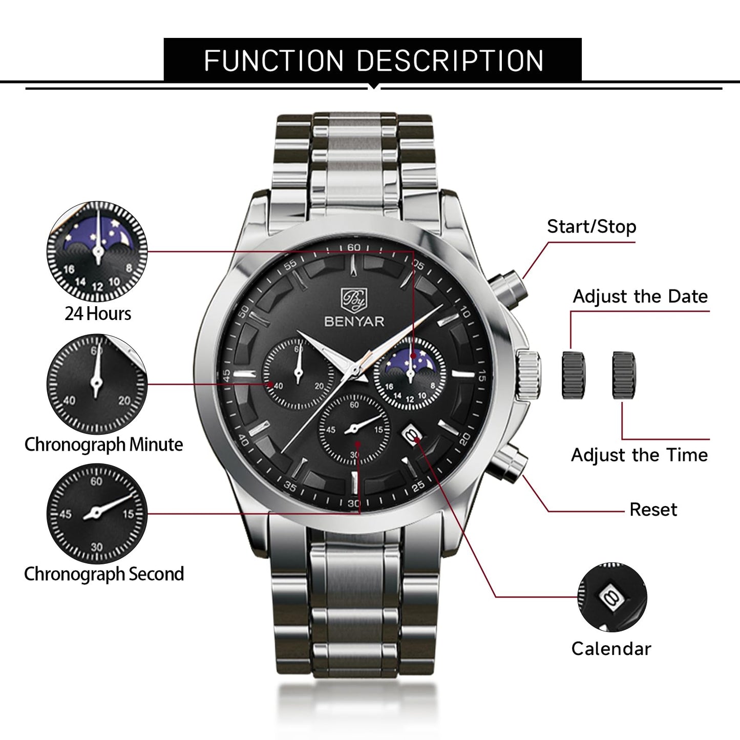 BY BENYAR Uhren Herren Chronograph Analog Quarz Wasserdicht Armbanduhr Herren Mode Lässig Business Herrenuhr mit Kalender Lederarmband/Edelstahlarmband Uhr Geschenk für Männer