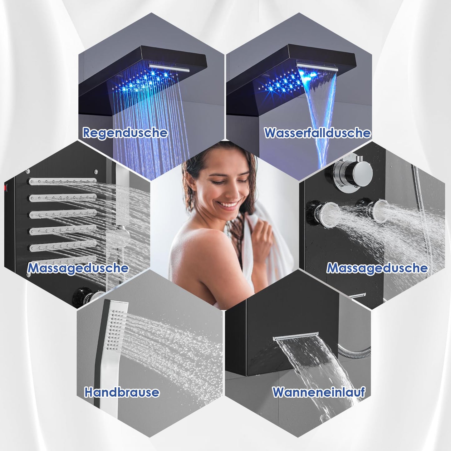 LED Duschpaneel mit Thermostat, OUGOO 6 Funktionen Duschpaneel mit Armatur, Regendusche, Wasserfalldusche, 2-Typ-Massagedüsen, Handbrause und Badewanneneinlauf, 304 Edelstahl, Schwarz