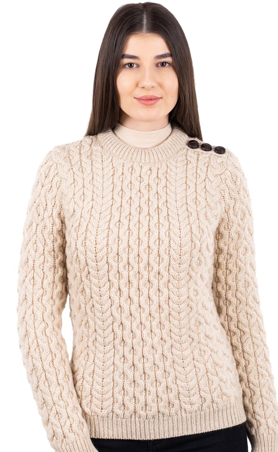SAOL Women’s Merino Wool Sweater – Aran Knit with Side Buttons