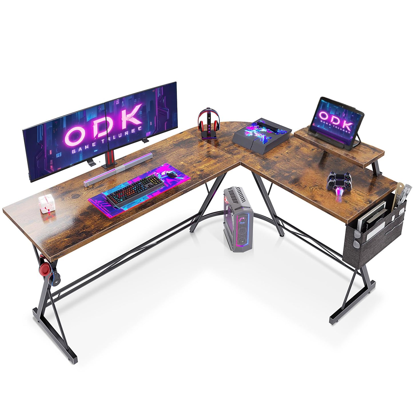 ODK Gaming Tisch, Gaming Schreibtisch Eckschreibtisch für Gamer, Schreibtisch L Form mit Monitorständer für Büro (Schwarz, 127 x 127 cm)