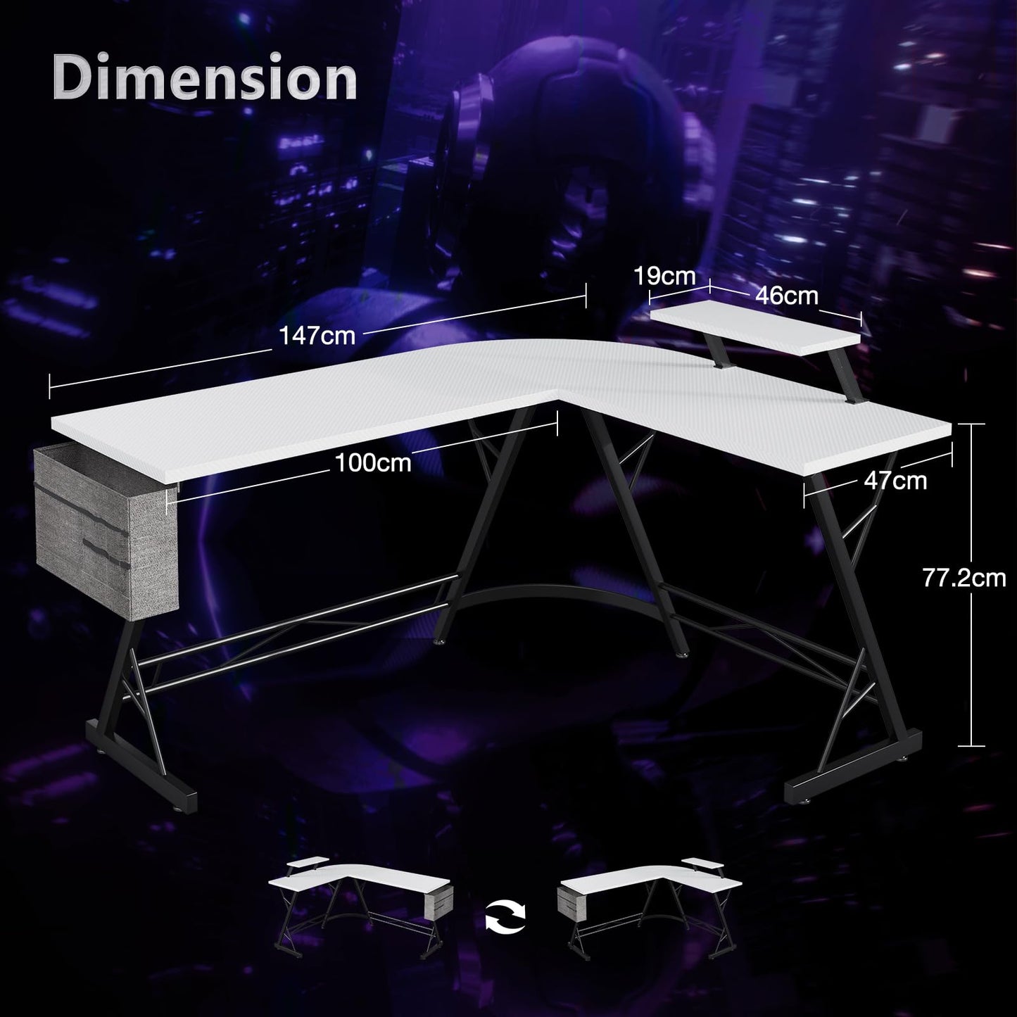 ODK Gaming Tisch, Gaming Schreibtisch Eckschreibtisch für Gamer, Schreibtisch L Form mit Monitorständer für Büro (Schwarz, 127 x 127 cm)