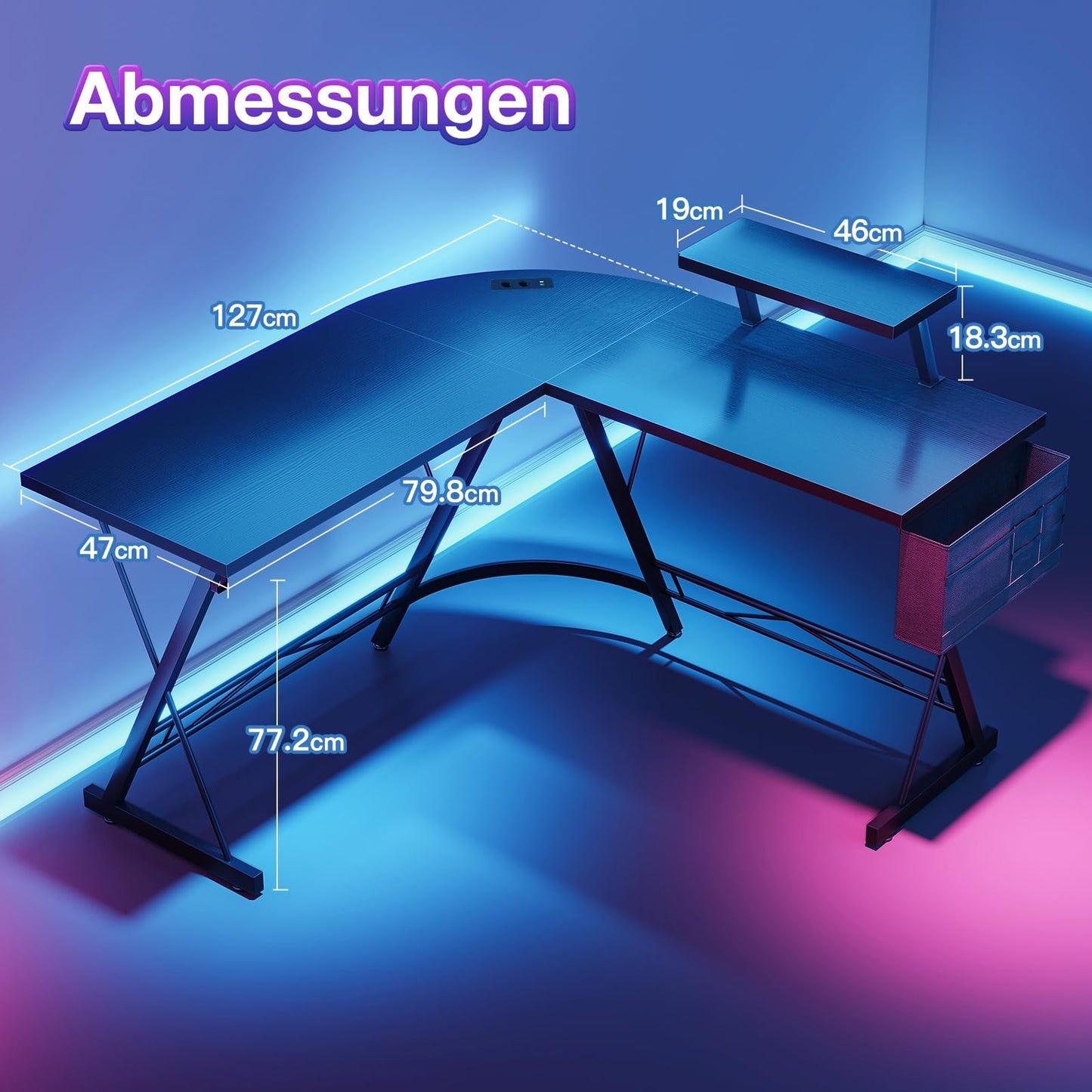 ODK Gaming Tisch, Computertisch mit 2 Steckdosen und 2 USB Ladeanschluss, Gaming Schreibtisch mit runder Ecke, Gaming-Tisch mit Monitorablage, 127 x 127cm (Schwarz)