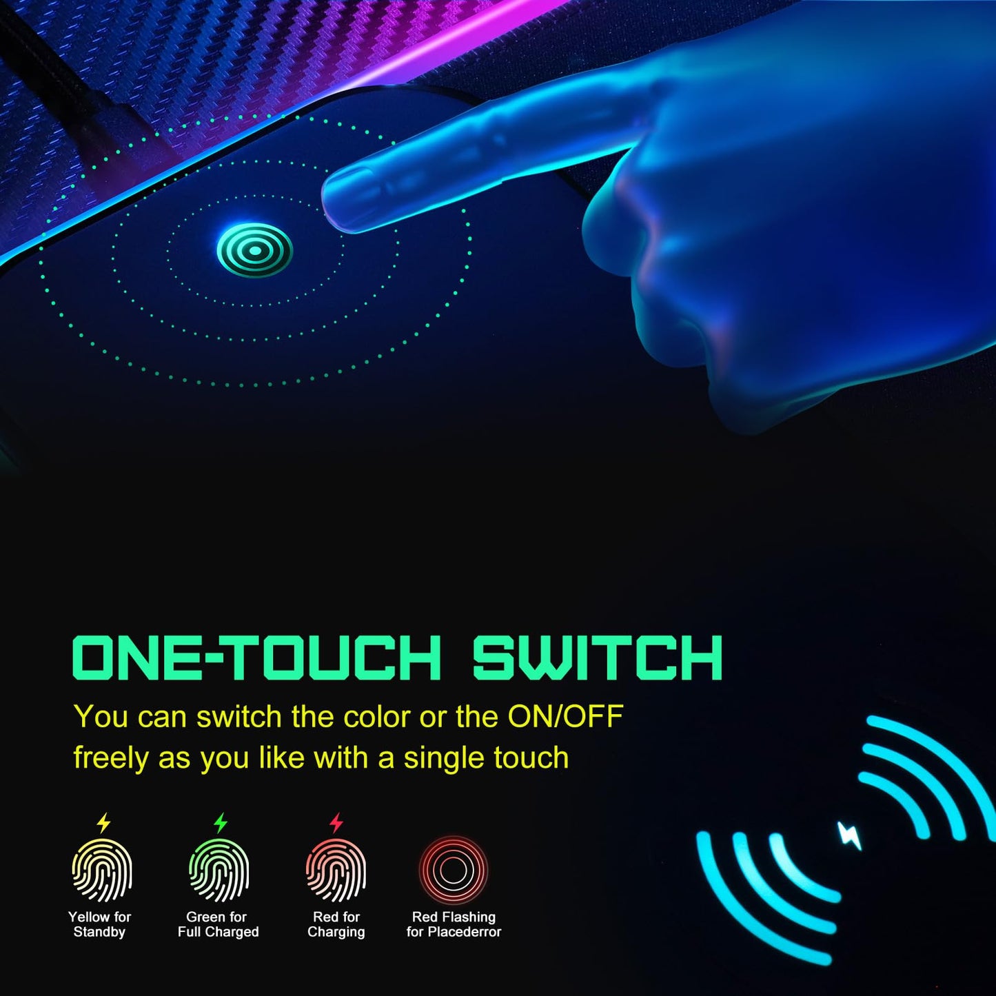 RGB Gaming Mauspad 15W Qi Mousepad LED, 10 Beleuchtungsmodi mit 15W Schnellladung Qi Kabelloses Laden für I-Phone Handy, Kopfhörer, Wasserdicht, rutschfest für Gaming, Schreibtische, PC und Büro