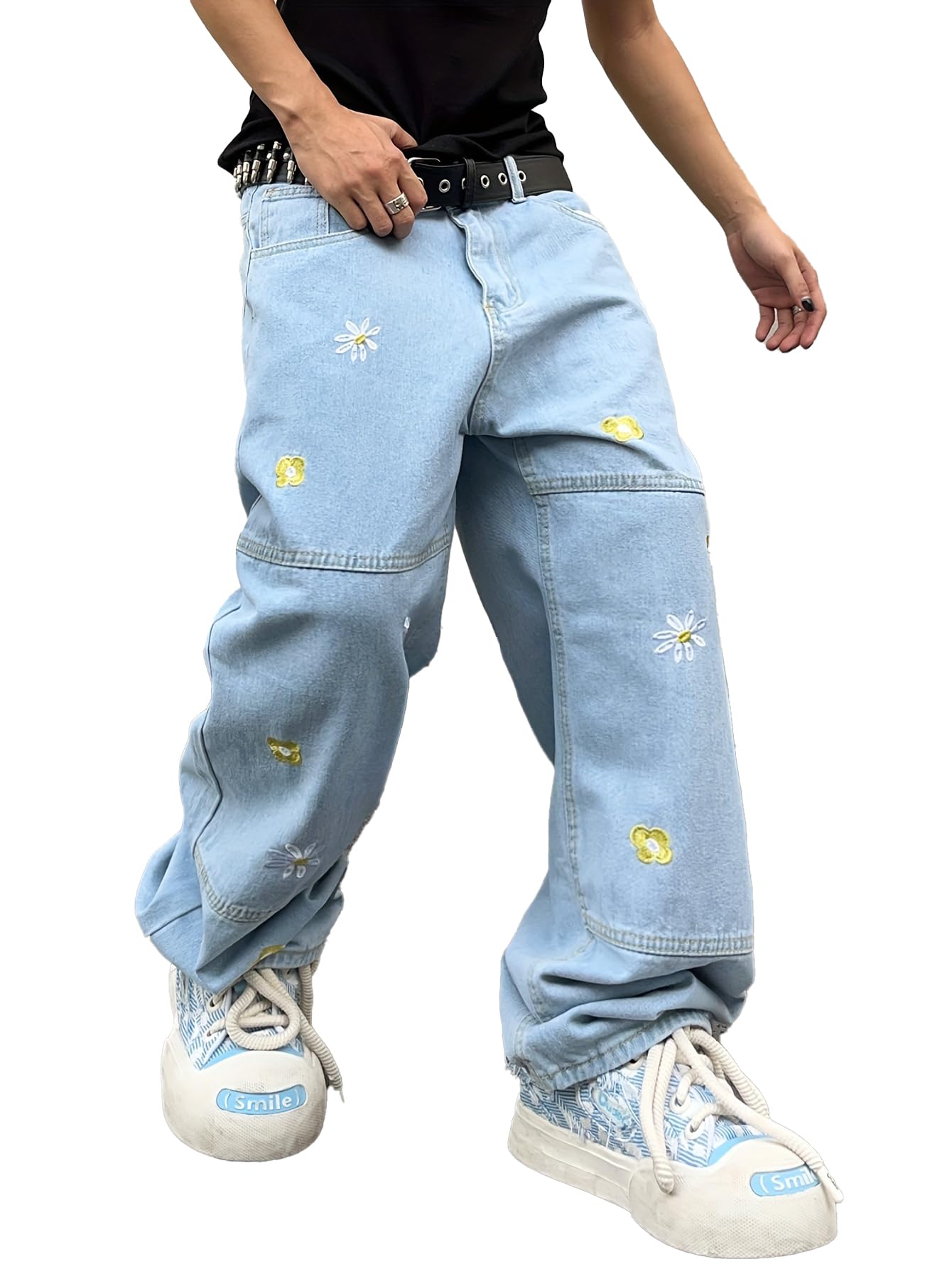 Zewool Men’s Baggy Jeans with Daisy Embroidery