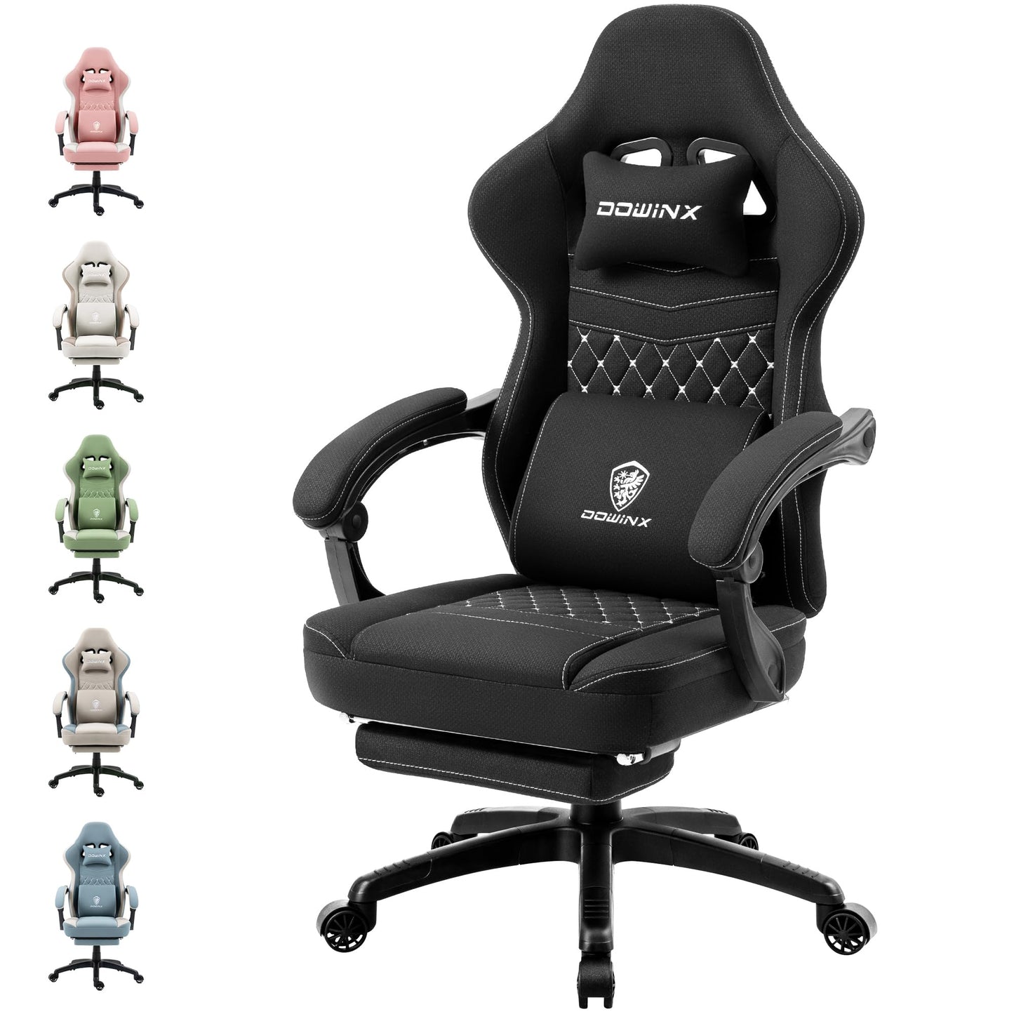 Dowinx Gaming Chair Fabric with Gel Pad, Massage Gaming Chair with Footrest, Ergonomic PC Chair, Gamer Chair with Storage Bag, Office Chair, 150 kg Load Capacity, Grey