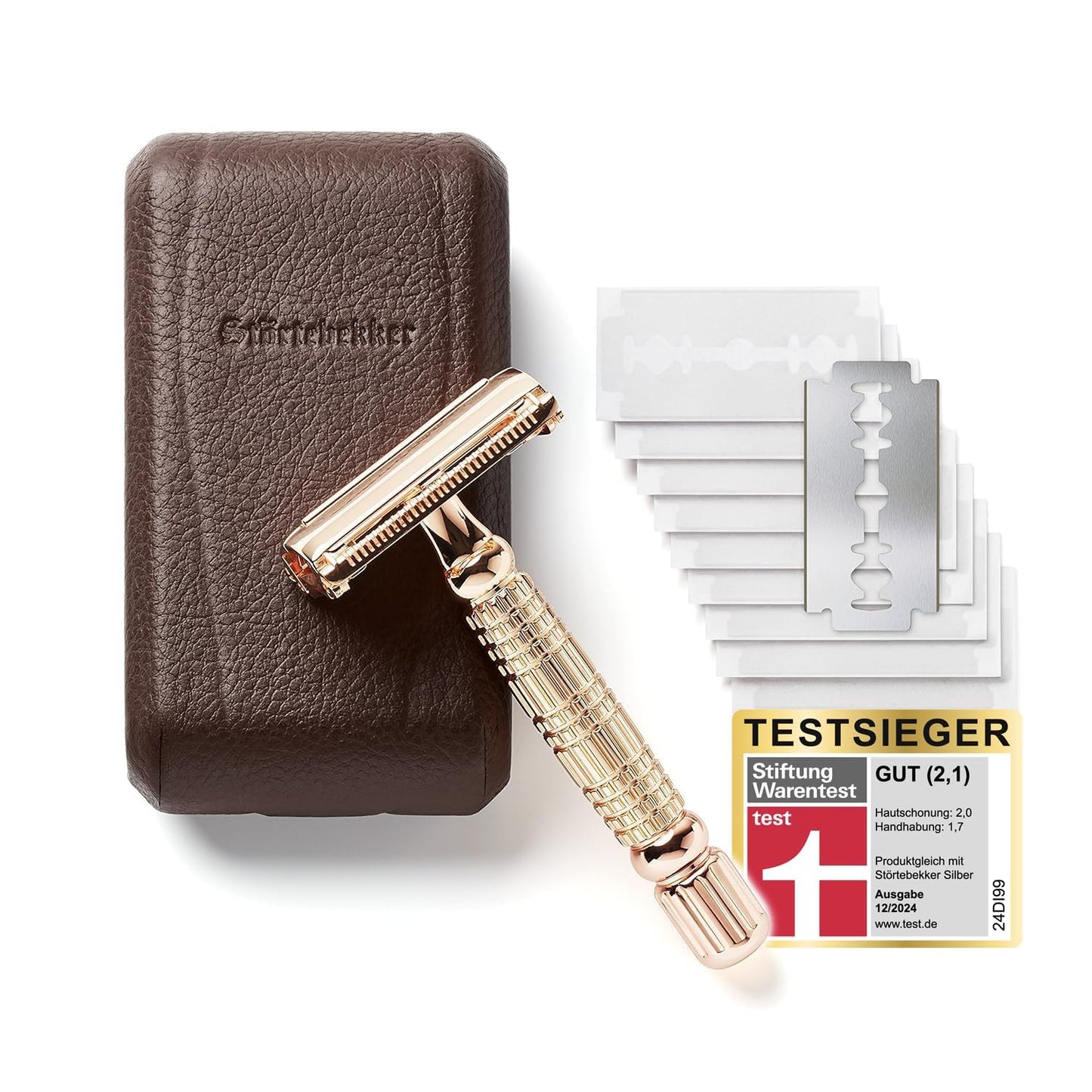 Störtebekker® Premium Rasierhobel ‘Hamburg’ im handgefertigten Leder-Etui - *TESTSIEGER* Stiftung Warentest (12/2024) - Rasier-Set mit 10 Rasierklingen, Reise-Etui & eingebautem Spiegel - Nassrasierer