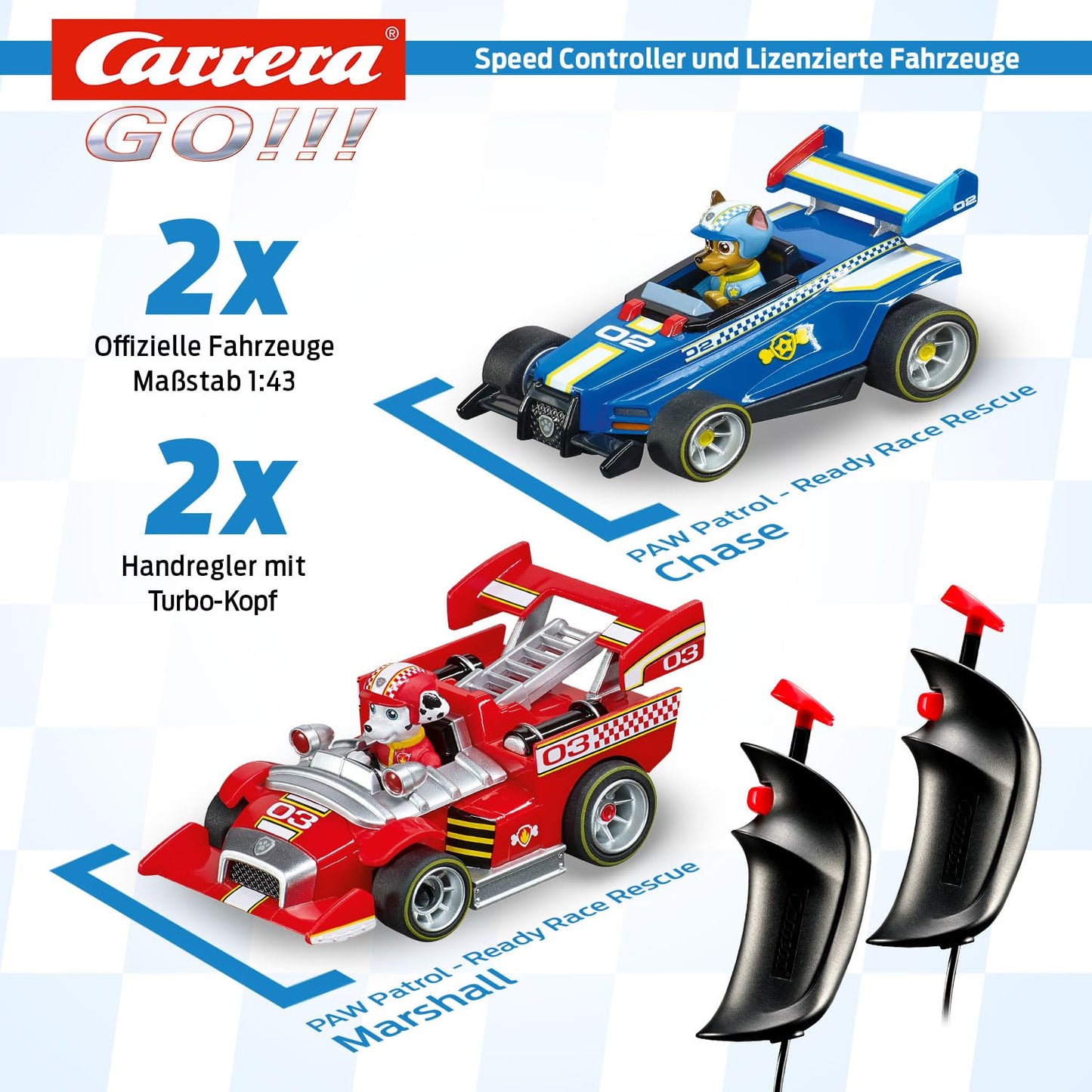 Carrera GO!!! PAW Patrol - Ready Race Rescue Set |2 Slotcars inkl. 2 Handregler mit Turbo-Knopf | Inklusive Chase und Marshall | 4,9 m Streckenlänge mit Looping und Rundenzähler | Maßstab 1:43