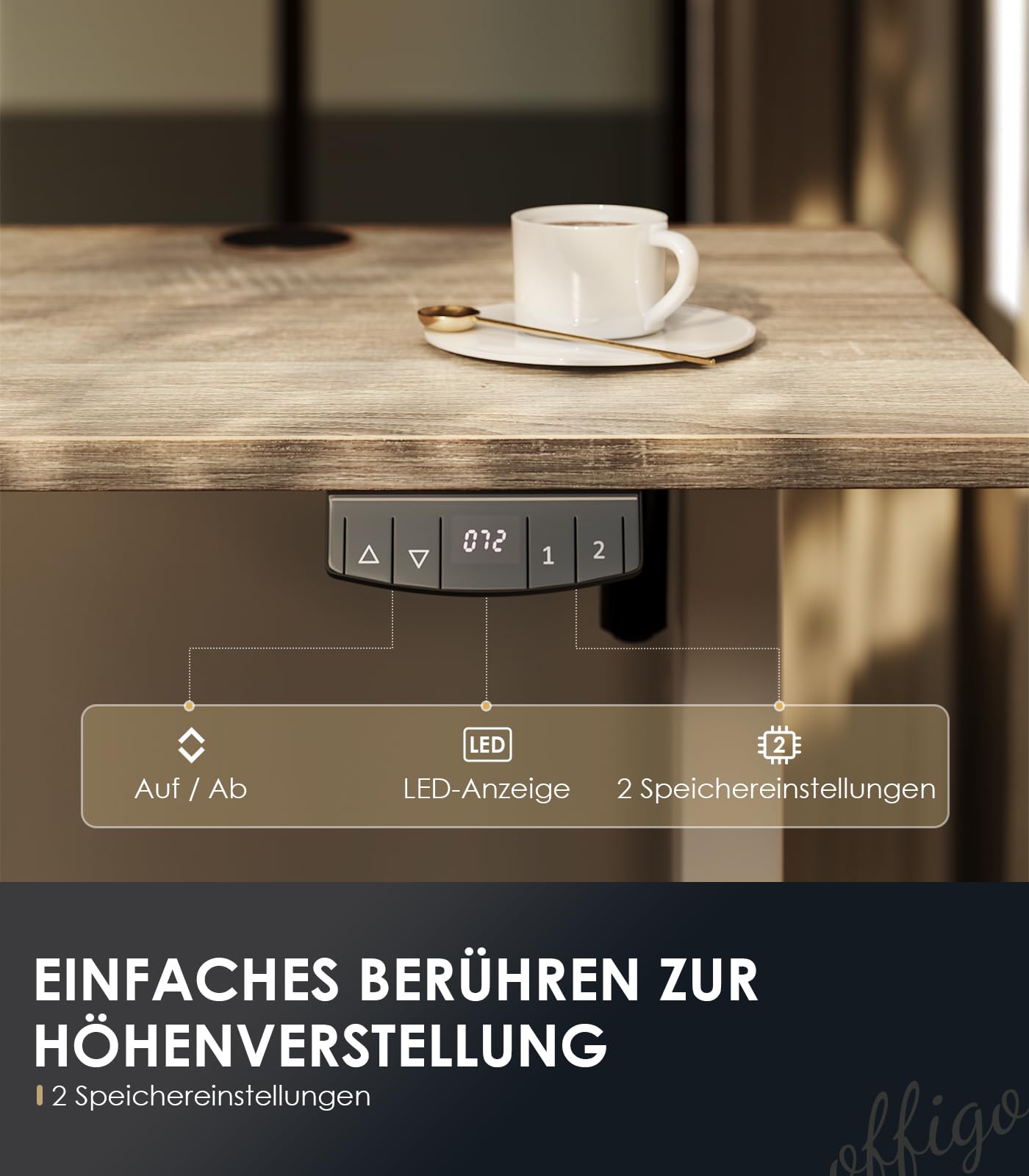 OffiGo Höhenverstellbarer Schreibtisch, 120 cm Elektrischer Schreibtisch, Ergonomischer Tisch mit Memory-Funktion, Gaming Tisch Höhenverstellbar, Moderner Computertisch für Zuhause und Büro, Weiß