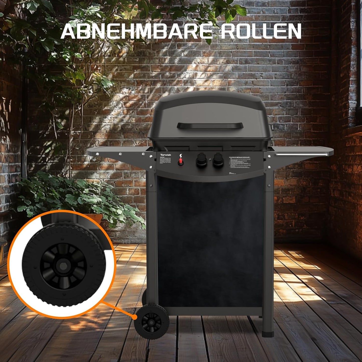 Topwish gas grill 2 burners, gas grill, small gas grill, gas grill balcony, outdoor grill, grill cart with pressure reducer and gas hose, 106.44*55.6*103.85 cm, suitable for DE, AT, SK, CH, LU, for 50 mbar, 6.0 kW