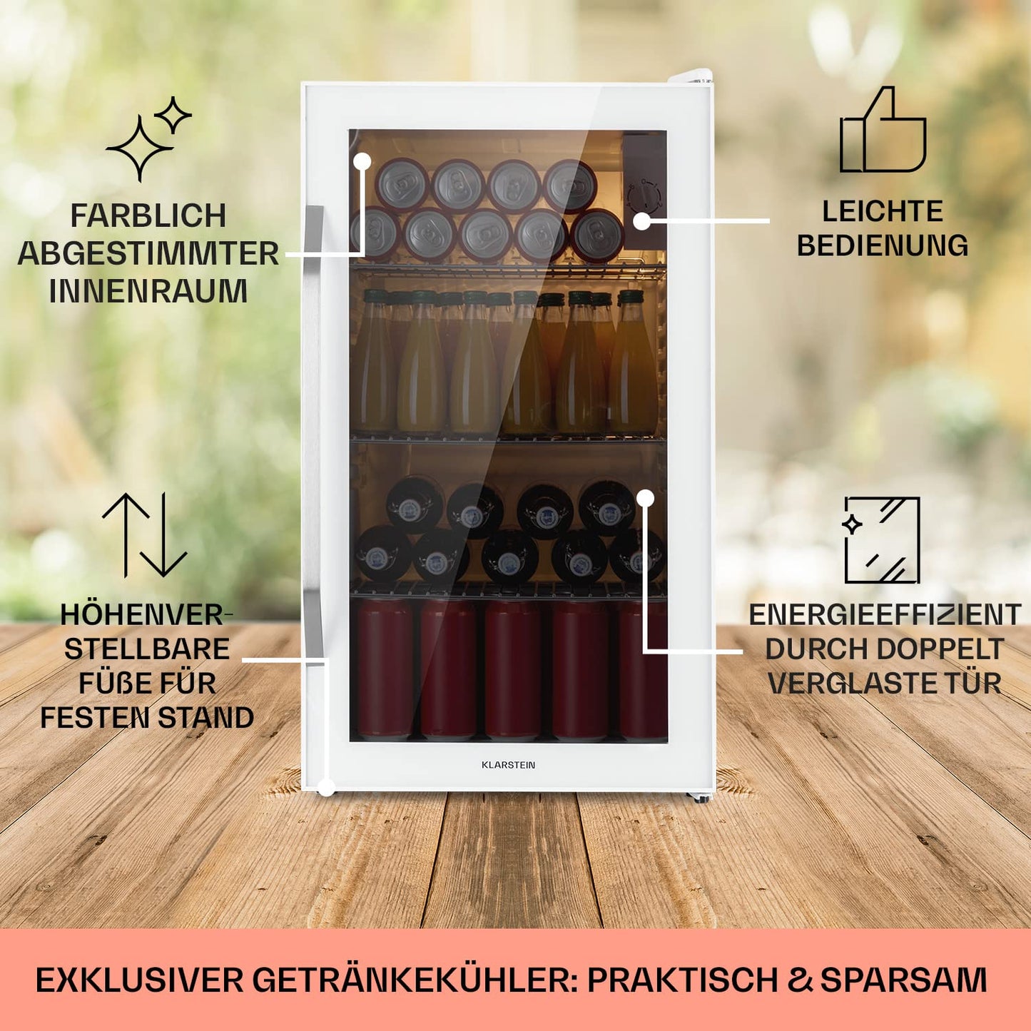 Klarstein Mini Fridge with Glass Door, Mini, for Room, Drinks Fridge Small with Adjustable Shelves, with Waveform Racks, 60 Liter Refrigerator Quiet