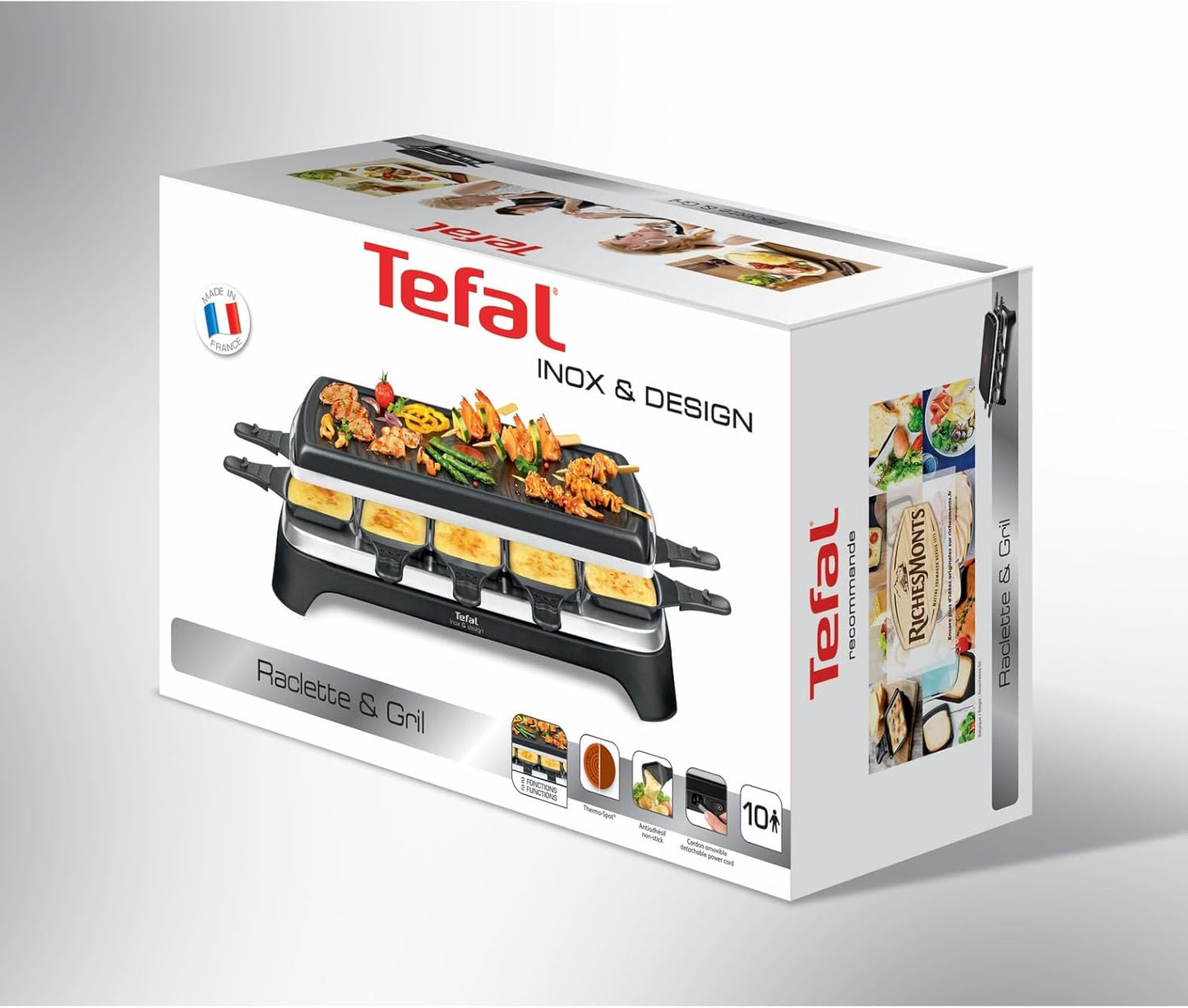 Tefal Raclette Grill Ambiance, Raclette 10 Personen, inkl. Tischgrill-Funktion, Grillplatte antihaftbeschichtet + spülmaschinengeeignet, abnehmbares 2 Meter-Kabel, schwarz, Edelstahl, 1350W, RE4588