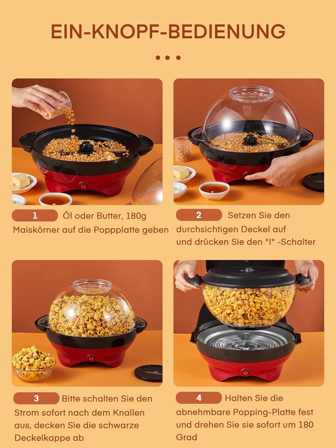 Popcornmaschine - 5.5L Großer Inhalt - HOUSNAT 800W Zuhause Popcorn Maker Machine mit Antihaftbeschichtung und Abnehmbares Heizfläche - Stille und Schnelle - Maschine