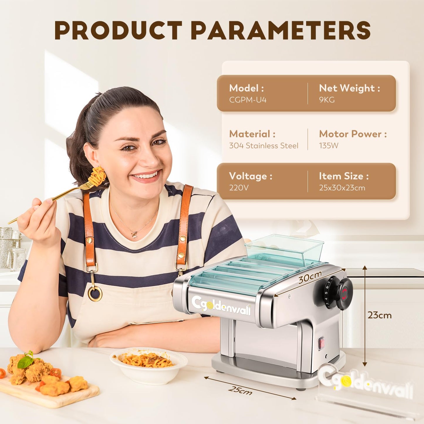 CGOLDENWALL Electric Pasta Machine Household Fresh Pasta Dough Machine Made of Stainless Steel with 2.5 mm Round and 4 mm Flat Blades, 9 Thickness Settings for Pasta/Spaghetti/Lasagna/Ravioli