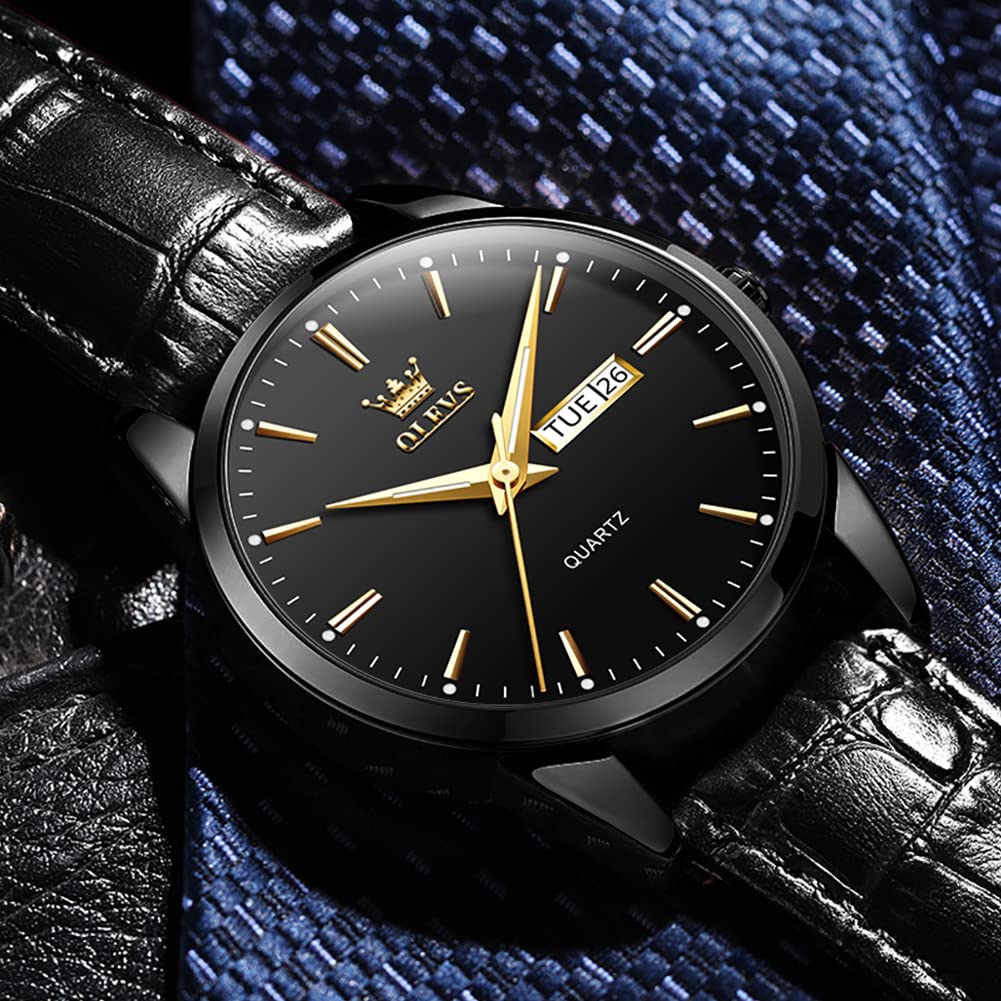OLEVS Herrenuhren Braune Schwarz Lederarmband Quarz Uhr Männer mit Wochentag Datum Wasserdicht Leuchtende Klassische Elegantes Armbanduhr Geschenk