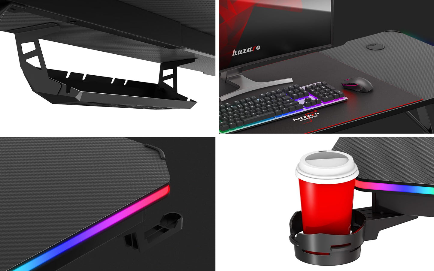 huzaro Hero 4.8 RGB | LED Gaming PC Tisch XXL Schreibtisch | Inklusive Mauspad | Kopfhörerhaken Getränkehalter | Kabelorganisator | Carbon Tischplatte | Stabiler Computertisch | 160x60cm | Schwarz