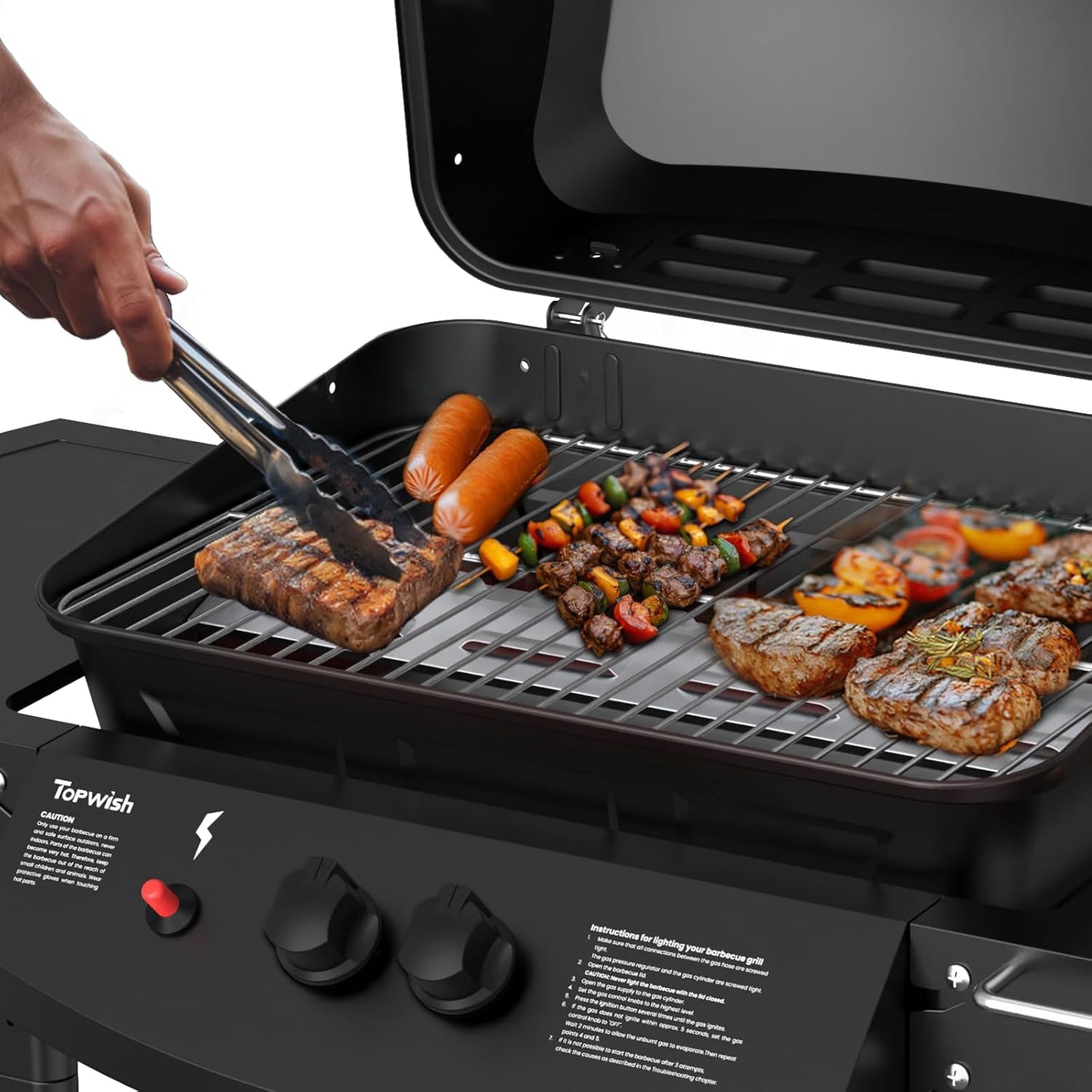 Topwish gas grill 2 burners, gas grill, small gas grill, gas grill balcony, outdoor grill, grill cart with pressure reducer and gas hose, 106.44*55.6*103.85 cm, suitable for DE, AT, SK, CH, LU, for 50 mbar, 6.0 kW