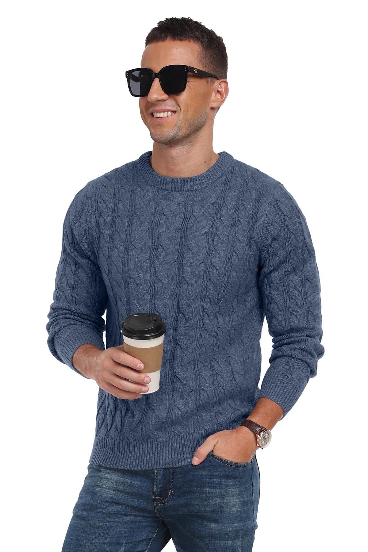 QIXING Men’s Cable Knit Sweater – Chunky Crewneck Pullover