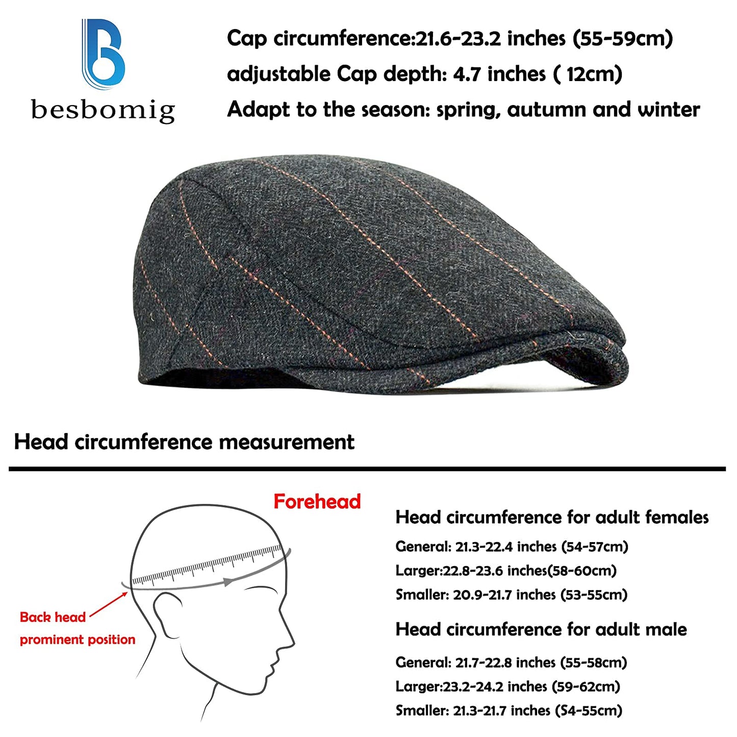 besbomig Schiebermütze Barret Flat Cap Schirmmütze für Herren Damen, Gatsby Newsboy Cap Baskenmützen Golfermütze, Frühling Herbst Winter, 55-59cm