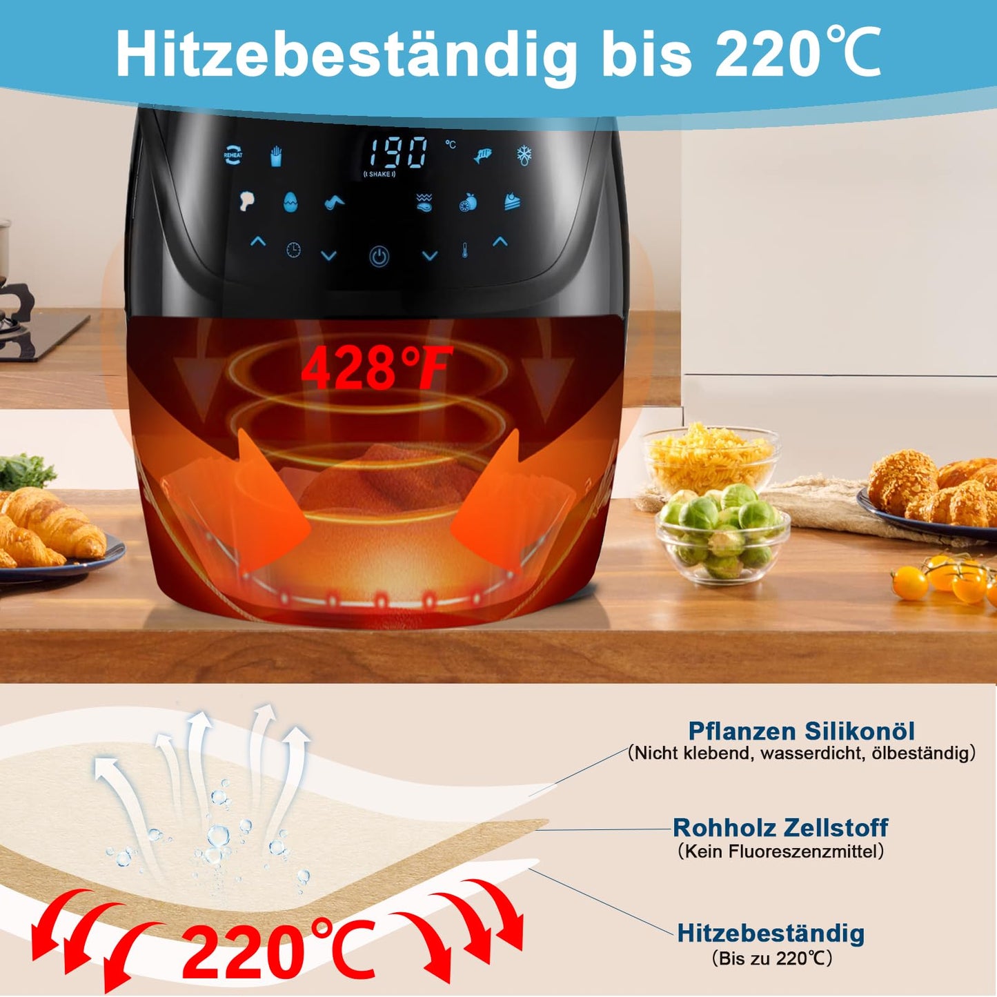 100 Stück Backpapier für Heißluftfritteuse 4,5L-8L, Stone TH 20-24cm Airfryer Backpapier Pergamentpapier Liner Kompatibel mit COSORI Philips Cecotec Midea Russell Hobbs XL XXL Airfryer