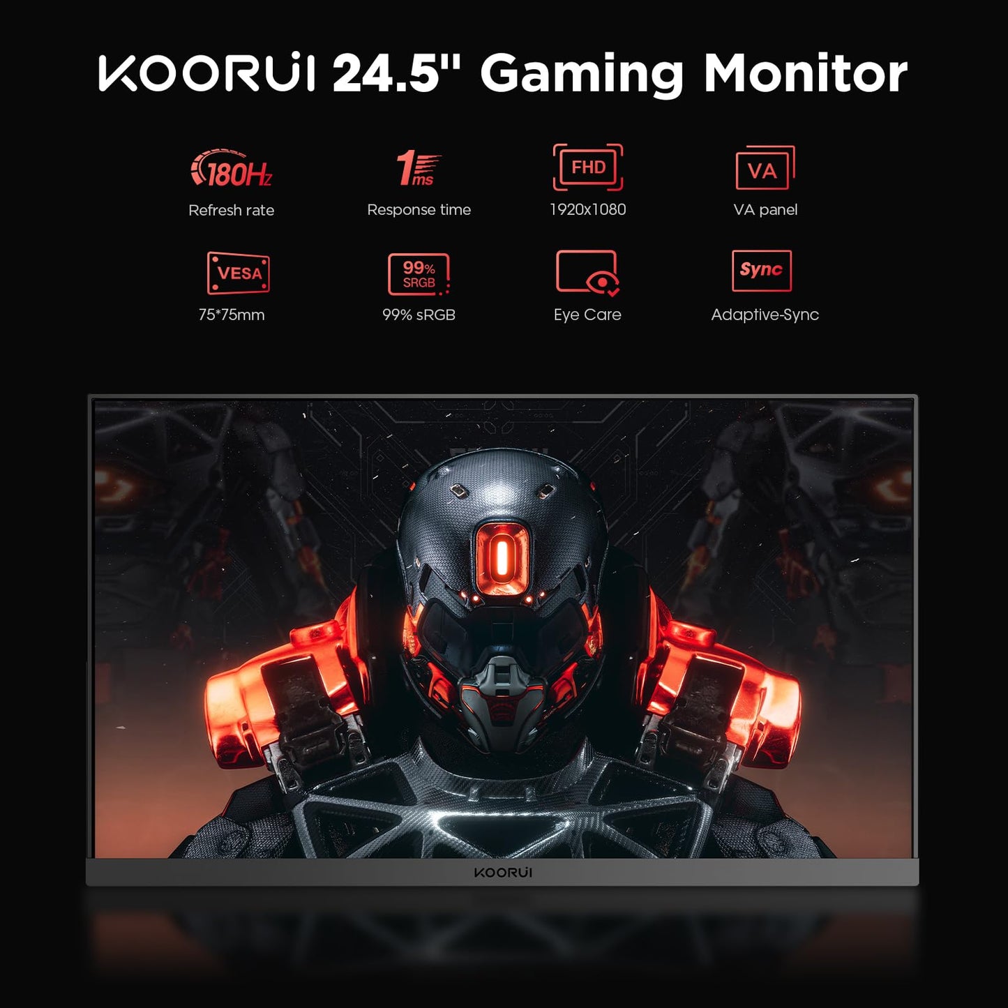 KOORUI Gaming Monitor 24 Zoll - FHD PC Bildschirm VA 165Hz 1ms Monitor 144hz, AdaptiveSync Technology, DCI-P3 85%, 2 x HDMI, DP Neigbar, Schwarz