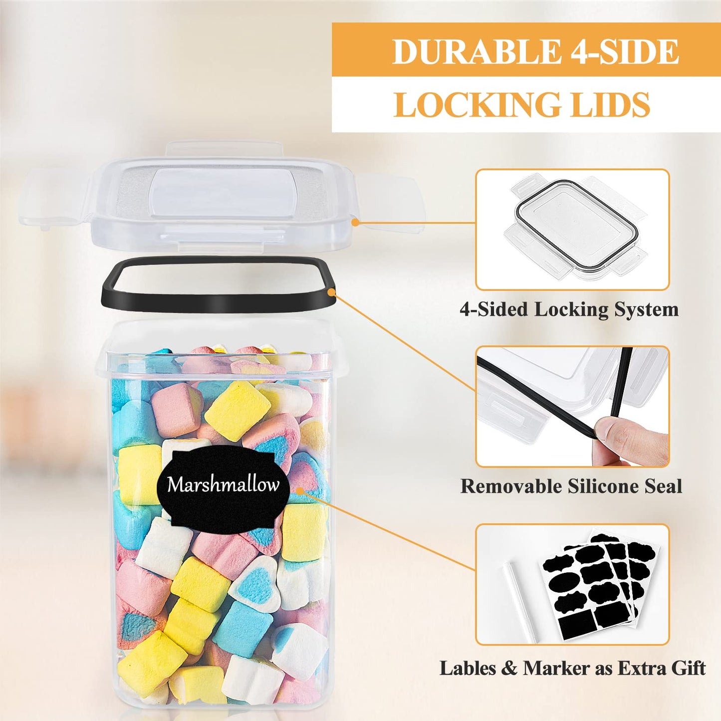 Storage Jars with Lid, Airtight, Large, 4 L, Set of 4, BPA-Free, Storage Box, Kitchen, Moth-Proof Kitchen Organiser, Flour, Spaghetti Cornflakes, Cereal Storage, Storage Container with Labels