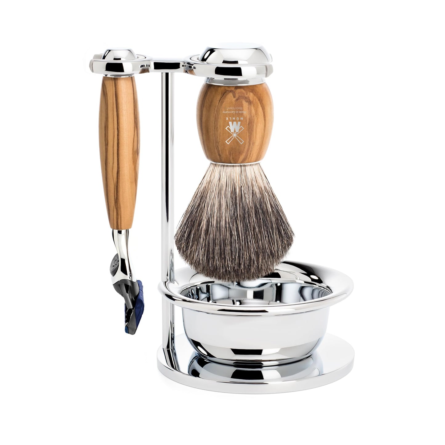MÜHLE Vivo Rasierset kompatibel mit Gillette-Klingen, Dachshaar-Rasierpinsel, Halterung mit Schale - Olivenholz-Griffe