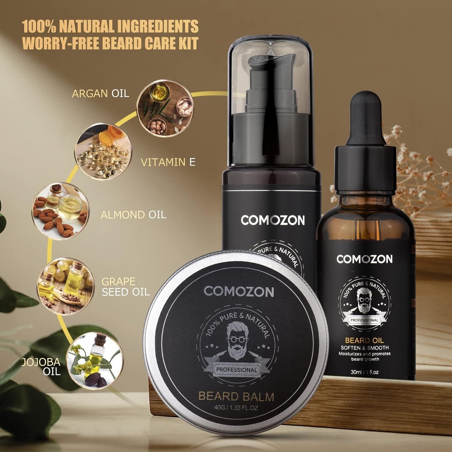 Bartroller,Bartpflege Set Mit Bart Roller Bartwuchsmittel Männer Comozon Bartroller Beard Growth Kit Mit Bartshampoo Bartöl Bartbalsam Rasiermesser Bartbürste Bartkamm Bartschere