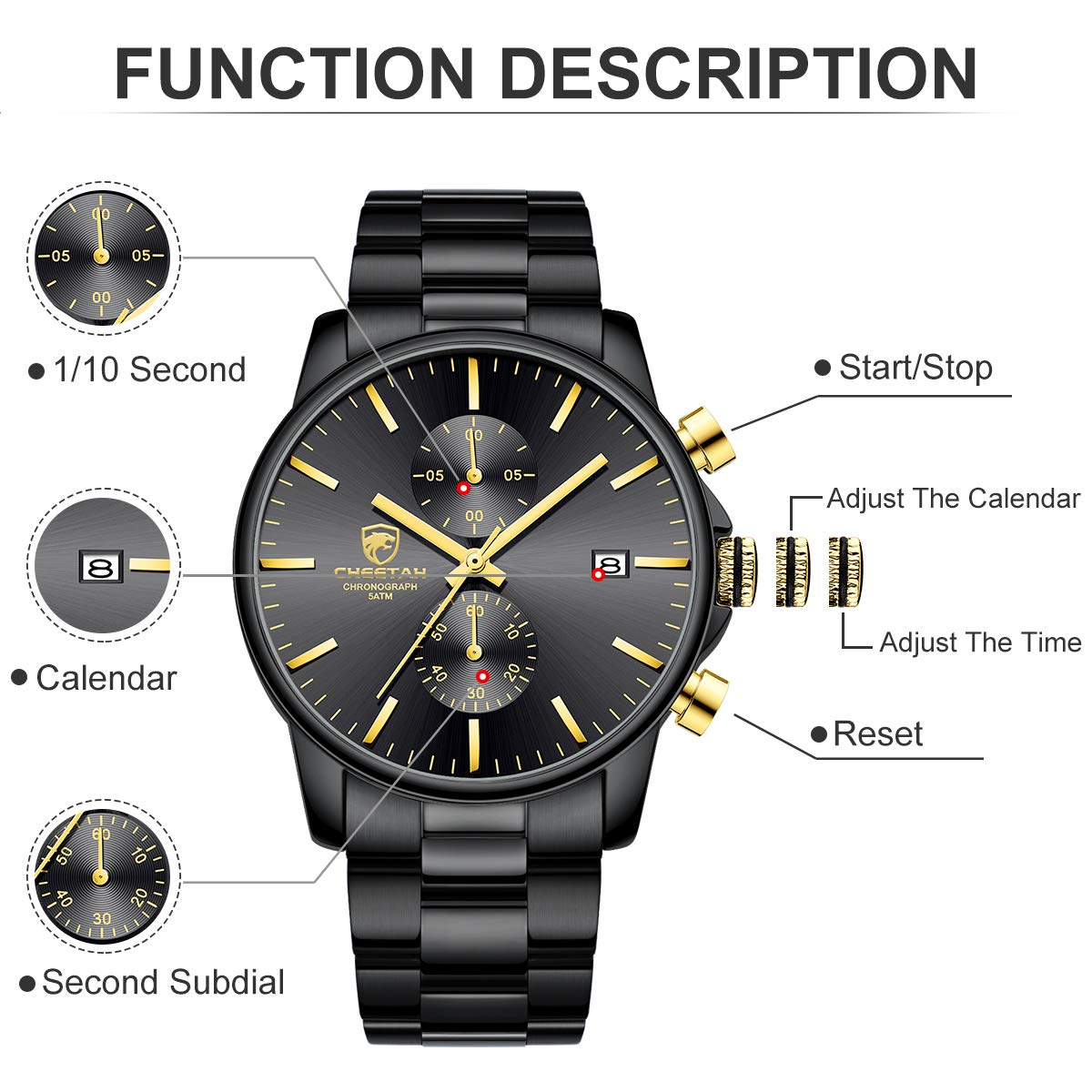 Herrenuhren mit lässiger wasserdichter Chronographen Quarzuhr aus Edelstahl und Metall, Auto Date in farbenfrohen Zeigern