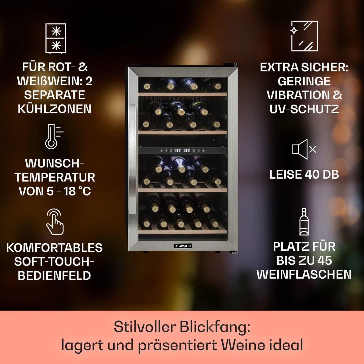 Klarstein wine refrigerator, drinks refrigerator narrow, refrigerator with glass door, drinks refrigerators freestanding, wine refrigerator small, wine refrigerators 2 zones, UV protection, 5-18 °C, 45 bottles
