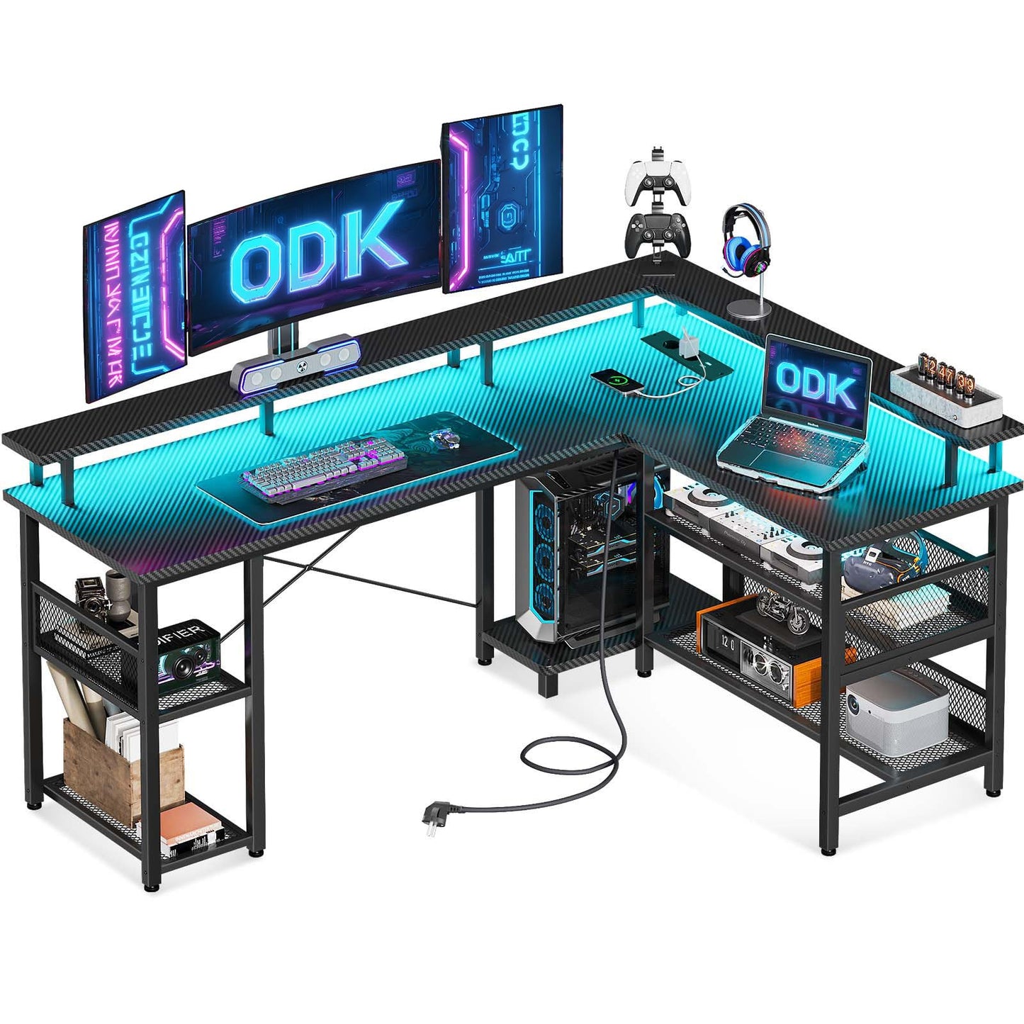 ODK Gaming Tisch mit LED, Reversibel Gaming Schreibtisch mit 2 Steckdosen & 2 USB-Ladeanschlüssen, Eckschreibtisch Groß mit Netzablage, Schwarz 150×102cm