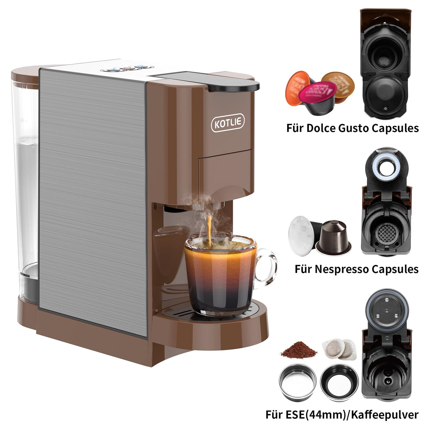 KOTLIE Espresso Kaffeemaschine, 4 in1Kaffeemaschine für NES/DG/Mehl/ESE Kapsel Espressomaschine, 19 Bar