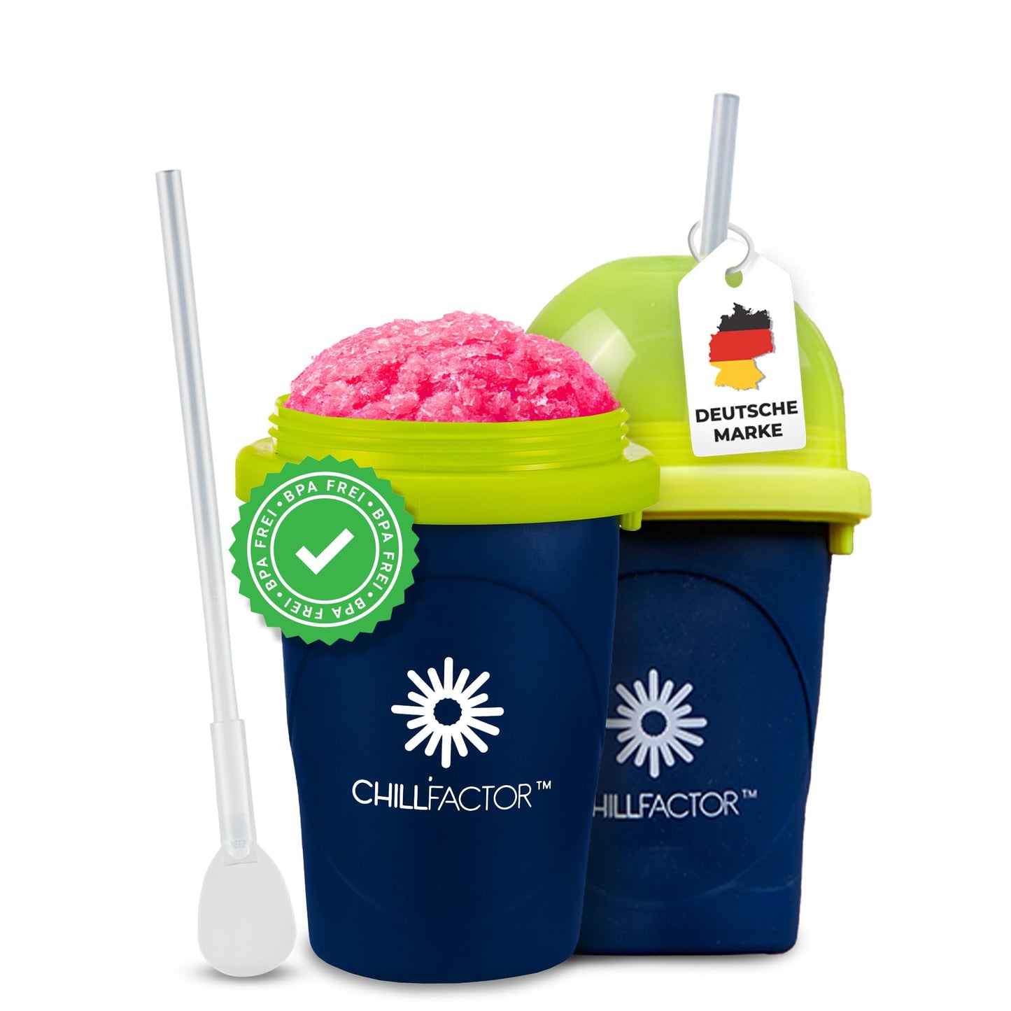 Magic Freez Slushy Maker – Tragbarer Slushy Becher aus Silikon mit 2-in-1 Strohhalm und Löffel – Slush Ice Maker für erfrischende Slushies – Slushi Cup zum Slush Eis selbermachen – 370ml