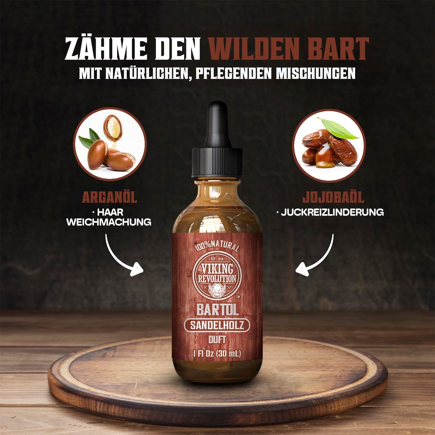 Viking Revolution - Bartöl - Macht Weich, Schützt und Stärkt - Natürliches Argan- und Jojobaöl - Bartöl Herren - Geschenke Für Männer - Sandelholz - 30 ml