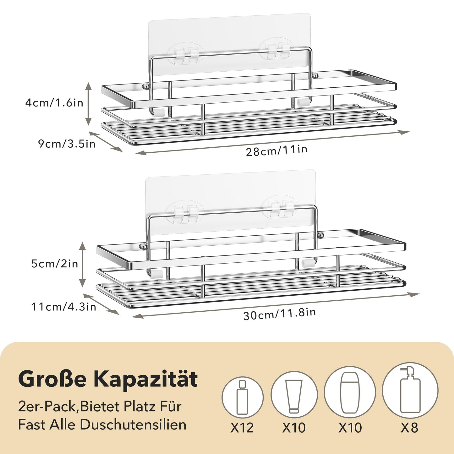 saffruff Duschablage Ohne Bohren 2 Stück Duschregal Duschkorb Badezimmer Organizer, Regal Badregal Shampoo Halterung für Dusche Küche Bathroom, mit 2 Klebeflächen,Edelstahl Schwarz