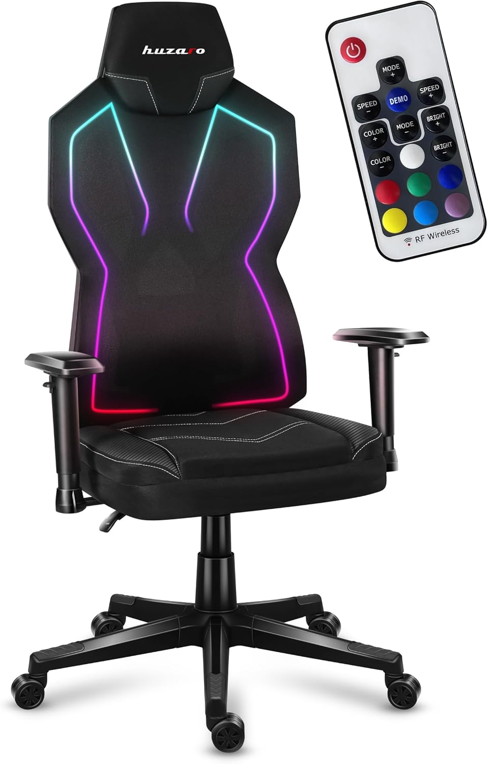 huzaro Combat 6.2 Black RGB | LED Beleuchtung Gaming Stuhl PC Bürostuhl Schreibtischstuhl | bis 140 kg belastbar | Verstellbare Rückenlehne Armlehnen Sitzhöhe | Zocker Gamer | Stoff | Schwarz